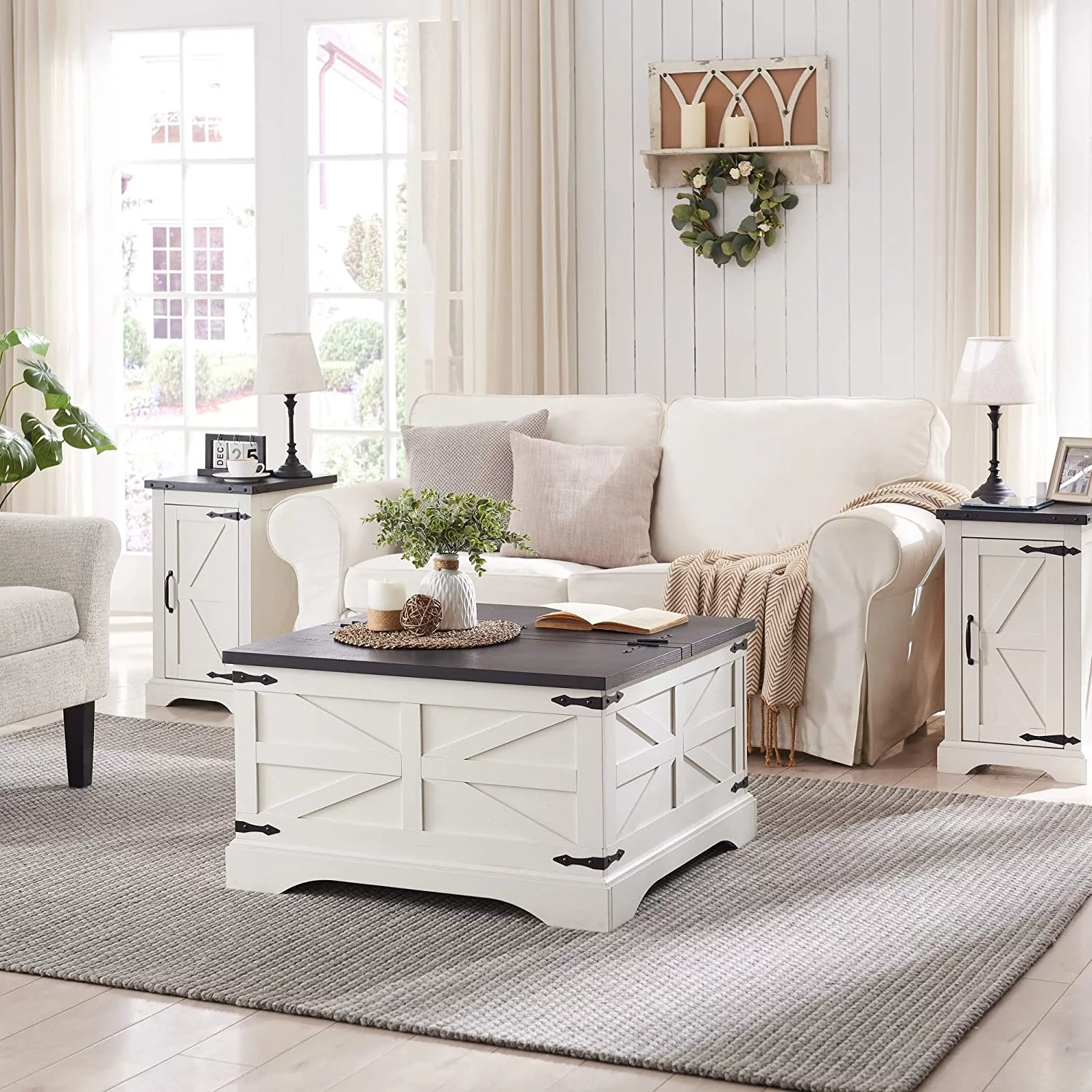 T4TREAM Farmhouse Wood Square Lift-Top Coffee Table with Storage for Living Room, White