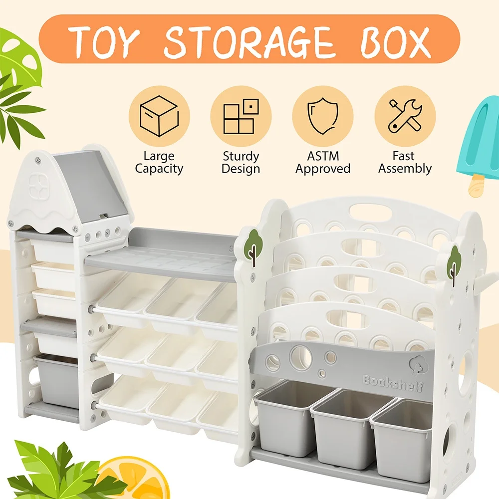 Kids Bookshelf Toy Storage Organizer, Multi-functional Nursery Organizer with 17 Bins and 4 Bookshelves, Kids Furniture Set Toy Storage Cabinet for Bedroom Playroom, Grey