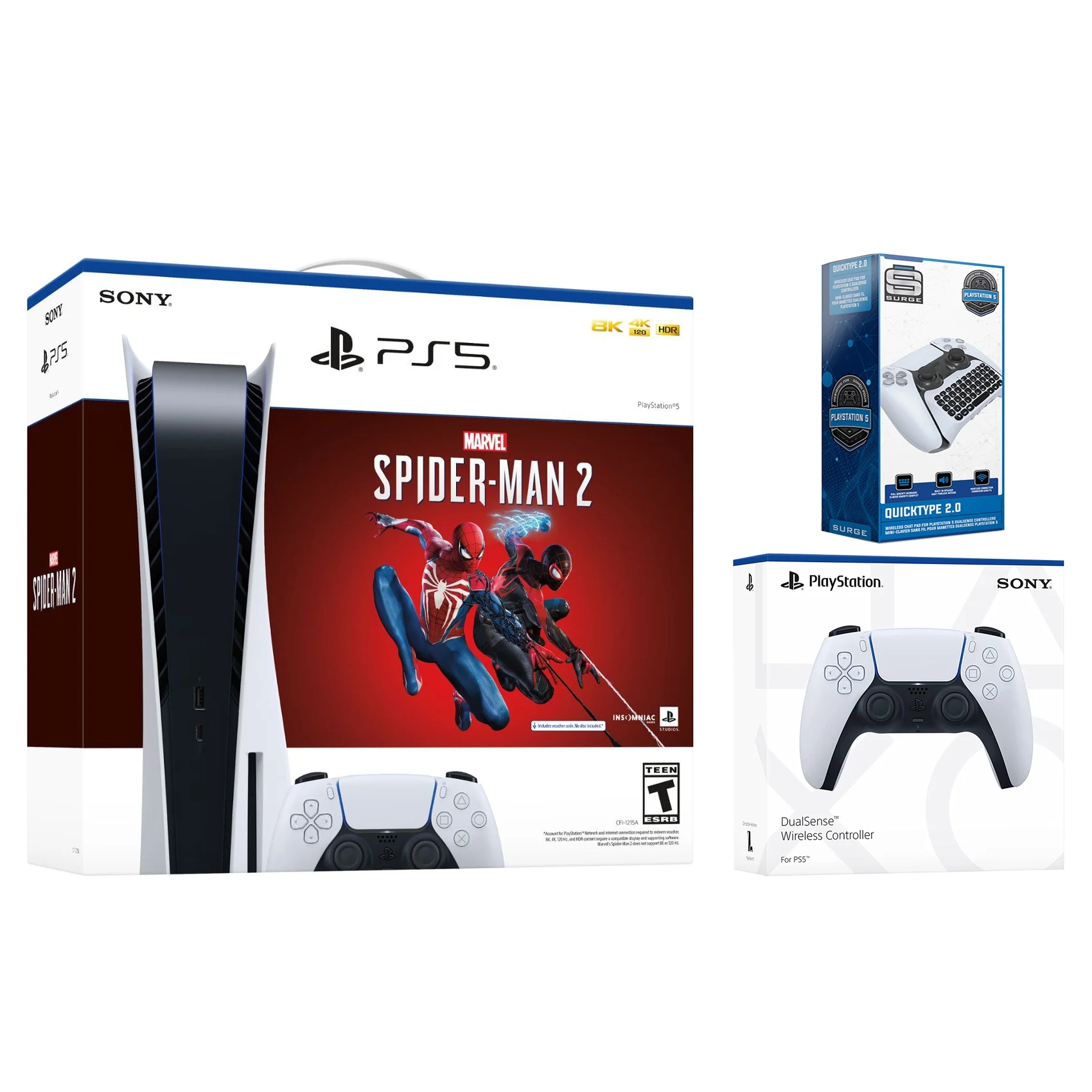 Sony PlayStation 5 Disc Marvel’s Spider-Man 2 Bundle with Extra Glacier White Controller and Surge Wireless Keypad