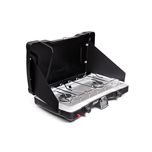 Coleman Triton+ 2-Burner Propane Camping Stove, Push-Button Instant Ignition, Portable Camp Grill, Adjustable Burners, Wind Guards, 22,000 Total BTUs of Power, Beach Cookouts, Backyard BBQ,Tailgating