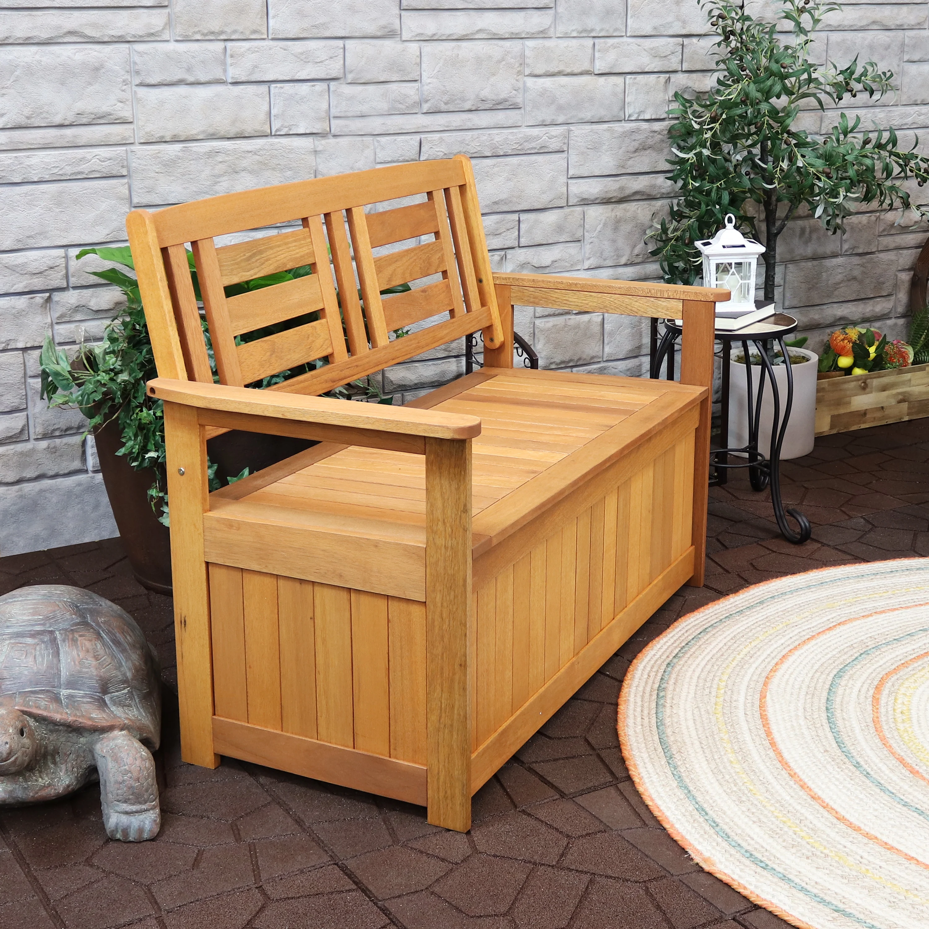 Sunnydaze Outdoor Meranti Wood with Teak Oil Finish 2-Person Garden Storage Bench Seat - 47
