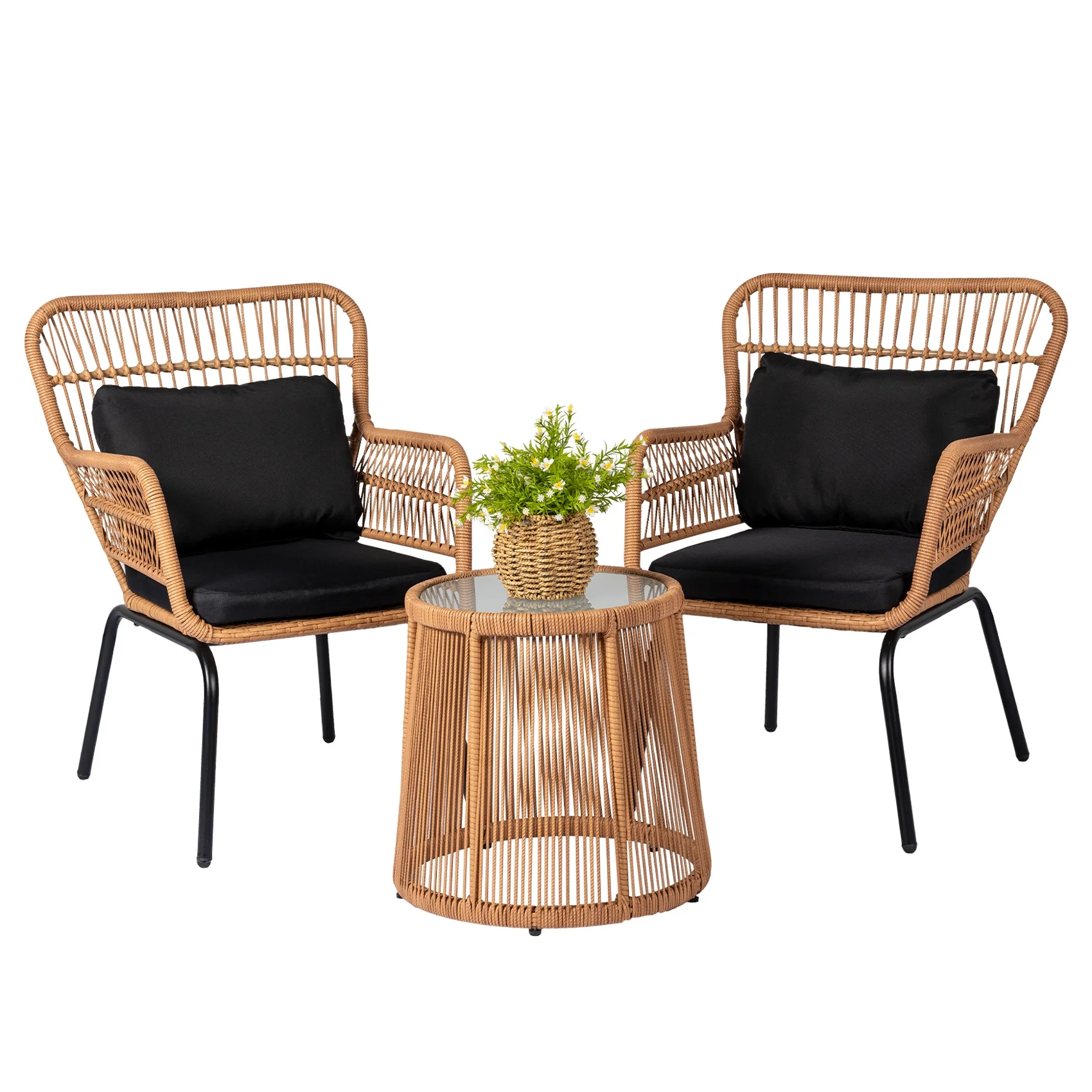 Tappio 3 Piece Outdoor Wicker Conversation Bistro Set, All-Weather Rattan Furniture Patio Chairs Set with Table for Balcony, Garden Porch Backyard, Yellow/Black