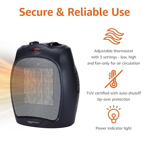 Amazon Basics Ceramic Space Heater, Portable Heater for Indoor Use, for Office and Home, With Overheat and Tip-Over Protection, Thermostat, Non-Oscillating, 1500W, Black, 7.52