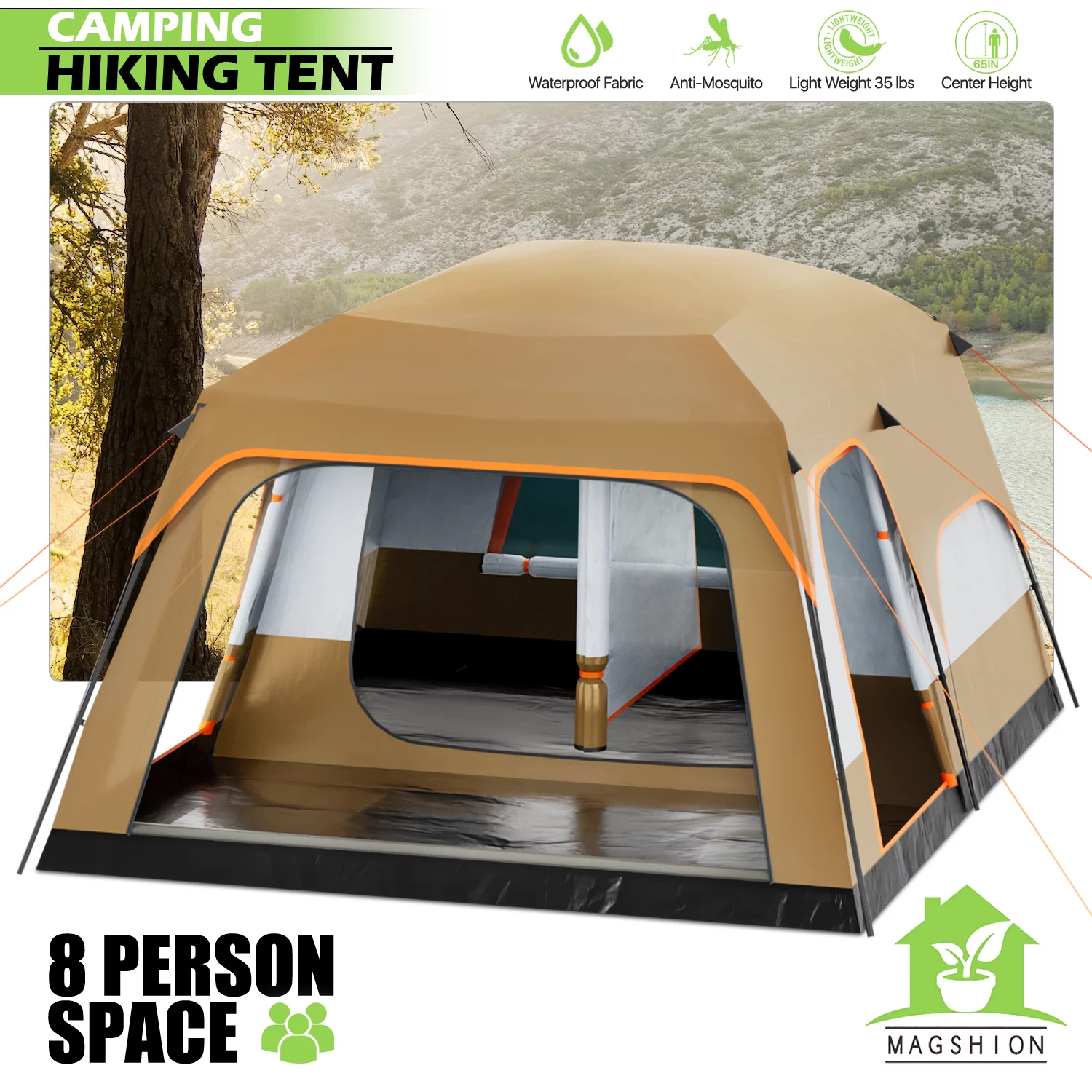 Magshion Extra Large Tent for 5-8 Person, Family Cabin Tent with 2 Rooms and 3 Doors, Waterproof Double Layer Big Tent for Outdoor, Picnic, Camping, Friends Gathering, Coffee