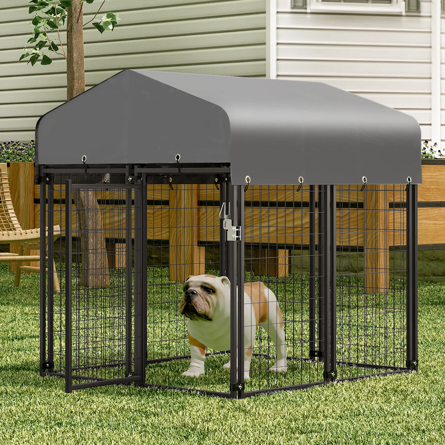 MoNiBloom 4ft x 4.25ft x 4.5ft Outdoor Dog Kennel with UV Protection Waterproof Cover and Roof, 8 Panels Welded Dog Pen Dog Playpen Dog Enclosure for Medium Dogs