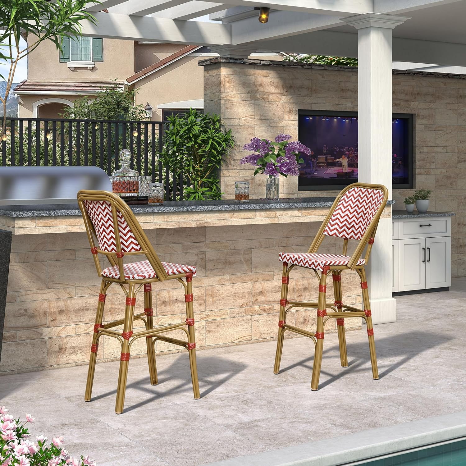 PURPLE LEAF Set of 2 French Outdoor Bar Height Bar Stool Aluminum Frame Bar Stool Hand-Woven Rattan Bamboo Print Finish Patio Bar Height Stool Chair, Red