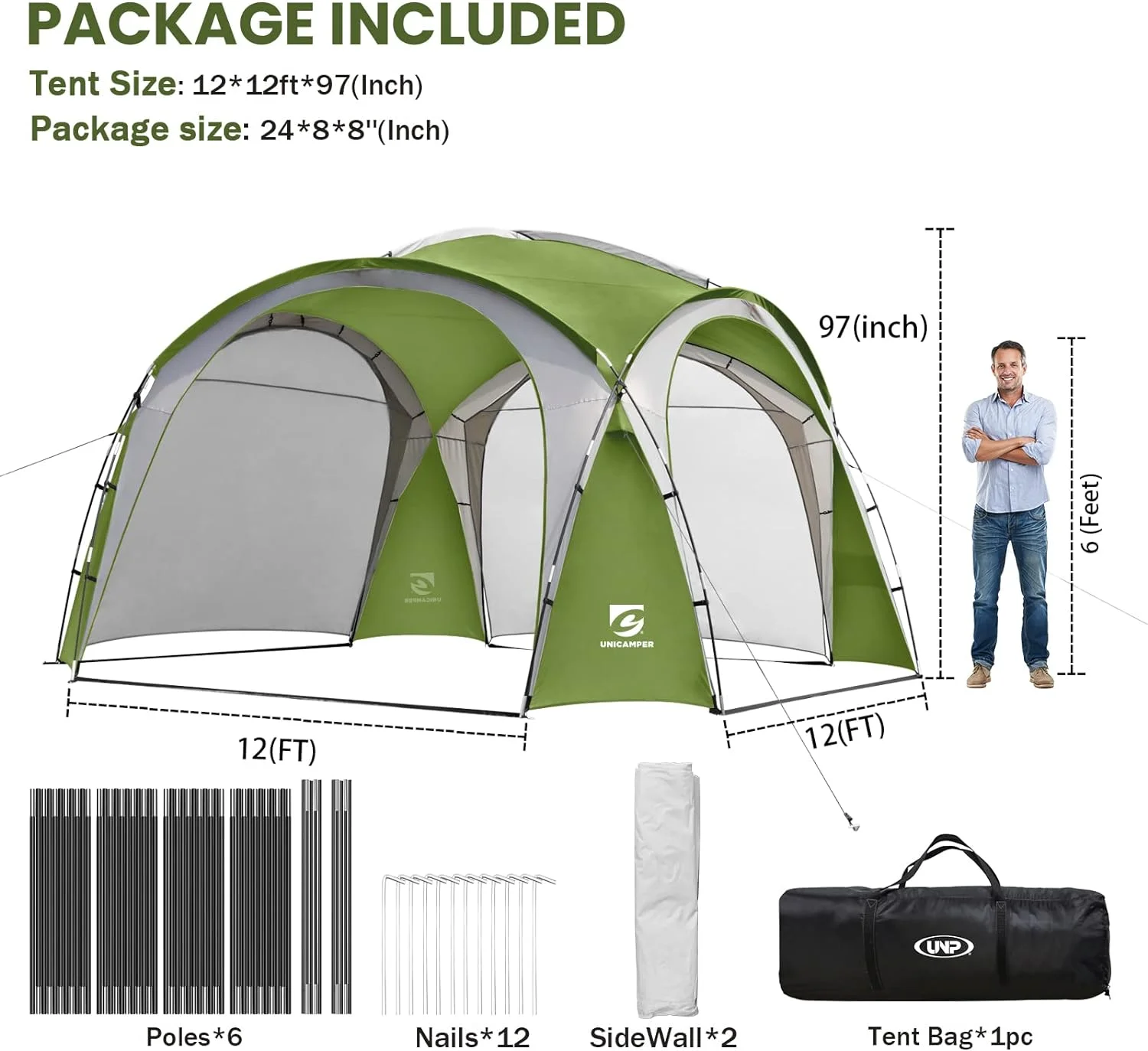 UNP Easy Beach Tent 12 X 12ft Pop Up Canopy UPF50+ Tent with Side Wall, Ground Pegs, and Stability Poles, Sun Shelter Rainproof, Waterproof for Camping Trips, Backyard Fun, Party Or Picnics (Green)