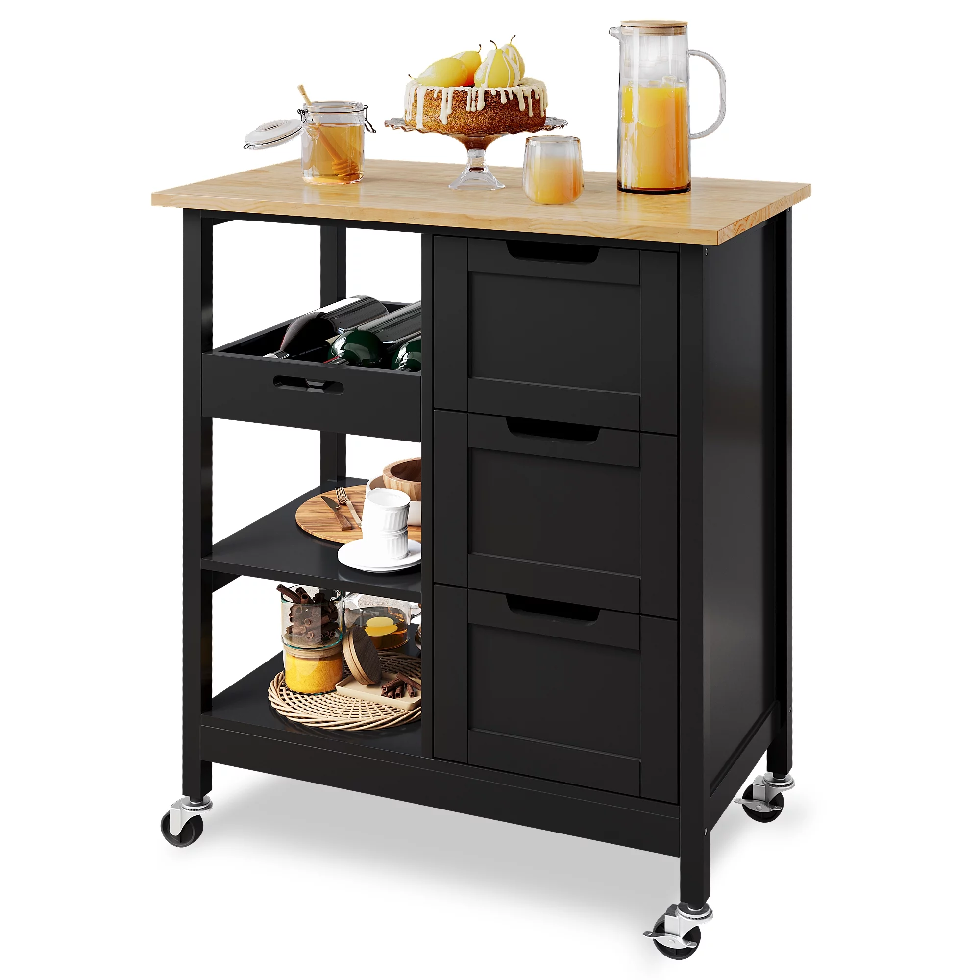 Dextrus 3 Tier Kitchen Island Cart with Storage, Rolling Kitchen Cart with Large Countertop, Opening Shelves and Drawers for Kitchen Dining Room, Black