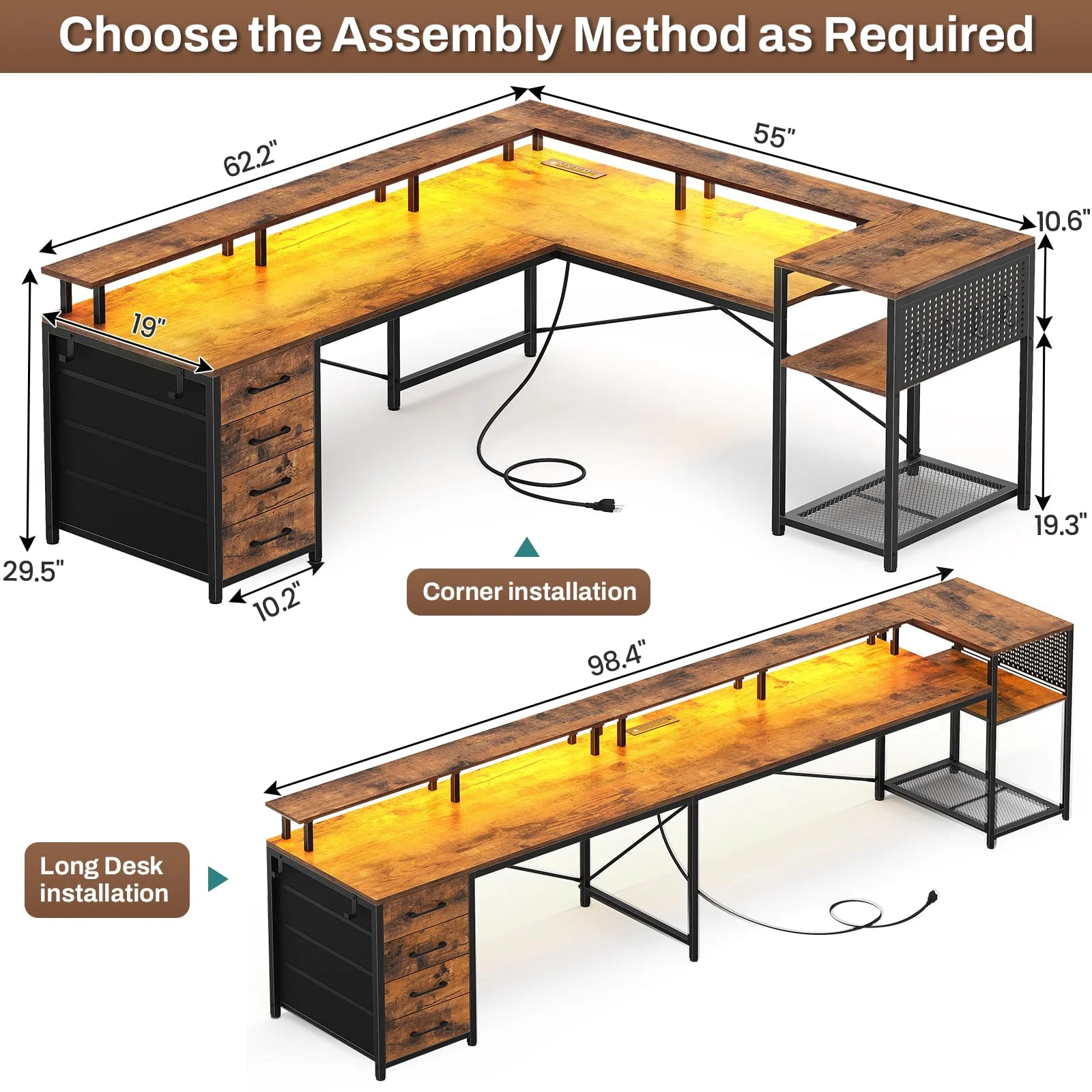 Frhnenha L Shaped Desk with 4 Fabric Drawers, Convertible Gaming Desk with Power Outlets and LED Strip, Rustic Brown
