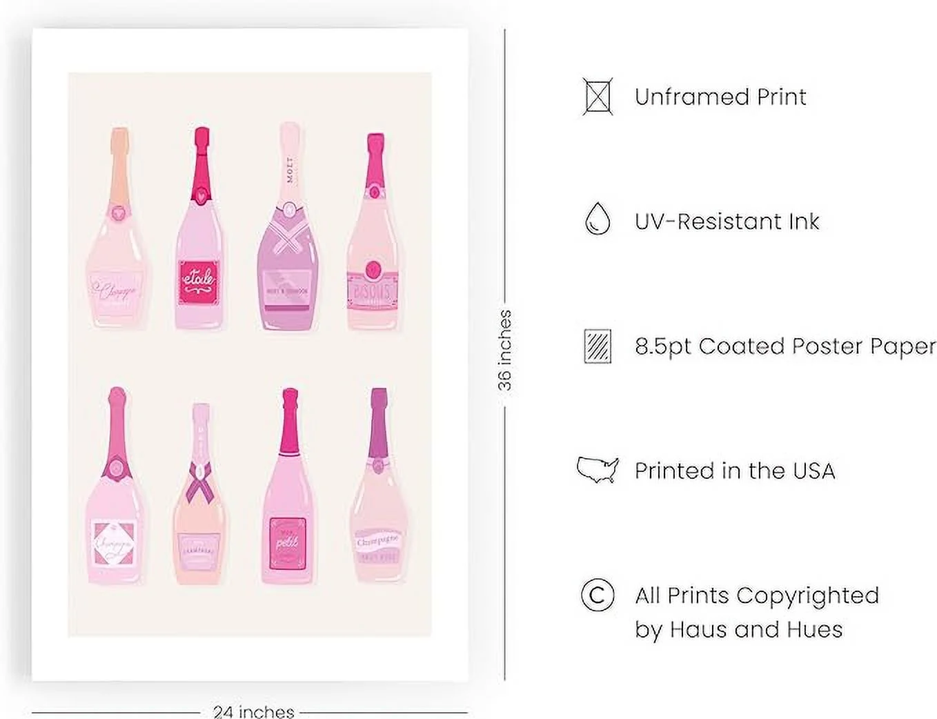 HAUS AND HUES Aesthetic Cocktail Poster - Preppy Picture for Wall, Funky Poster for College Dorm, Colorful Bar Wall Art, Pink Poster for Teen Girls Room, Glam Room Decor for Women (24x36, Unframed)
