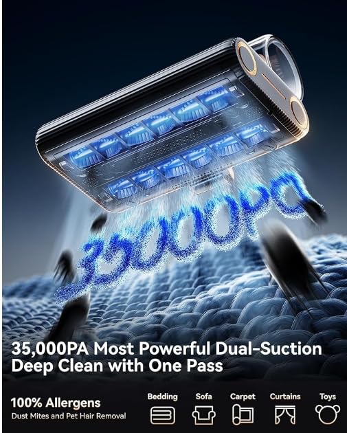 PureMatt Pro 35Kpa Max Suction AI Mattress Vacuum [100% Allergen, Dust Mite & Pet Hair Removal] Bed Vacuum Cleaner with UV Lights, Ultrasonic, HEPA Filter & Sensor, For Bed, Couch, Sofa, Titanium Gray