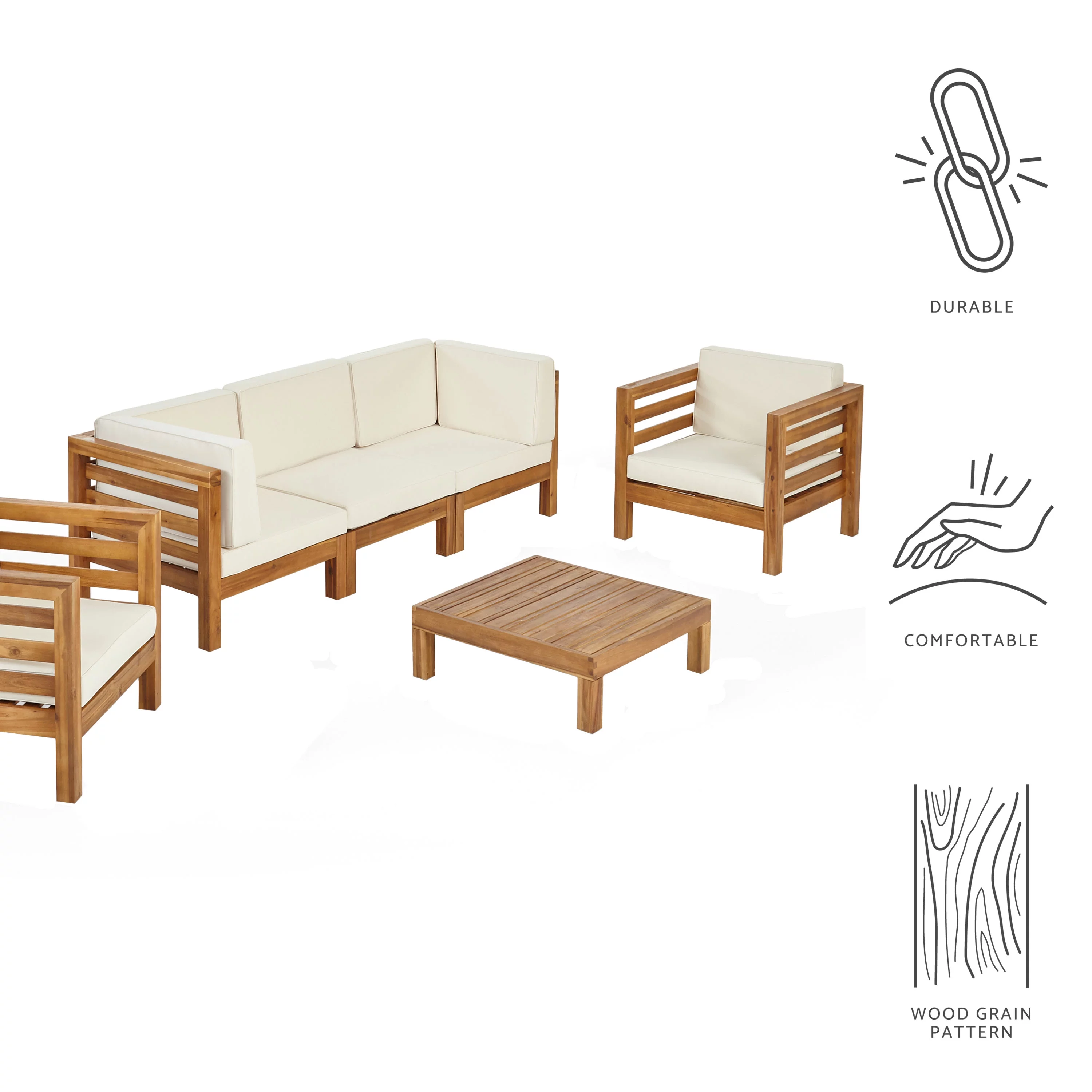 GDF Studio Cascada Outdoor Acacia Wood 5 Seater Sofa and Club Chair Chat Set with Cushions, Teak and Beige