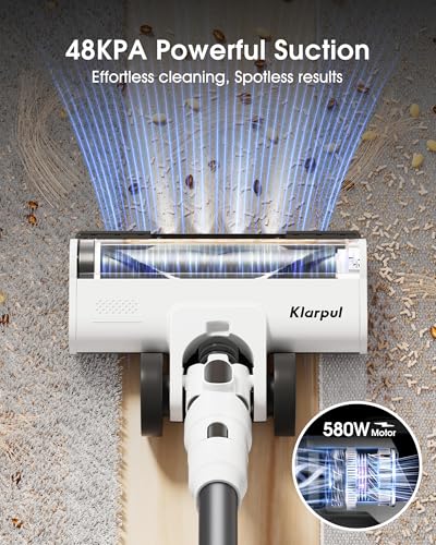 Cordless Vacuum Cleaner, 580W 48KPA 65Mins Runtime Fast Charging Vacuum Cleaner, Self-Standing LED Light Touch Screen Stick Vacuum for Home Light Weight,for Pet Hair/Carpet/Floor, White