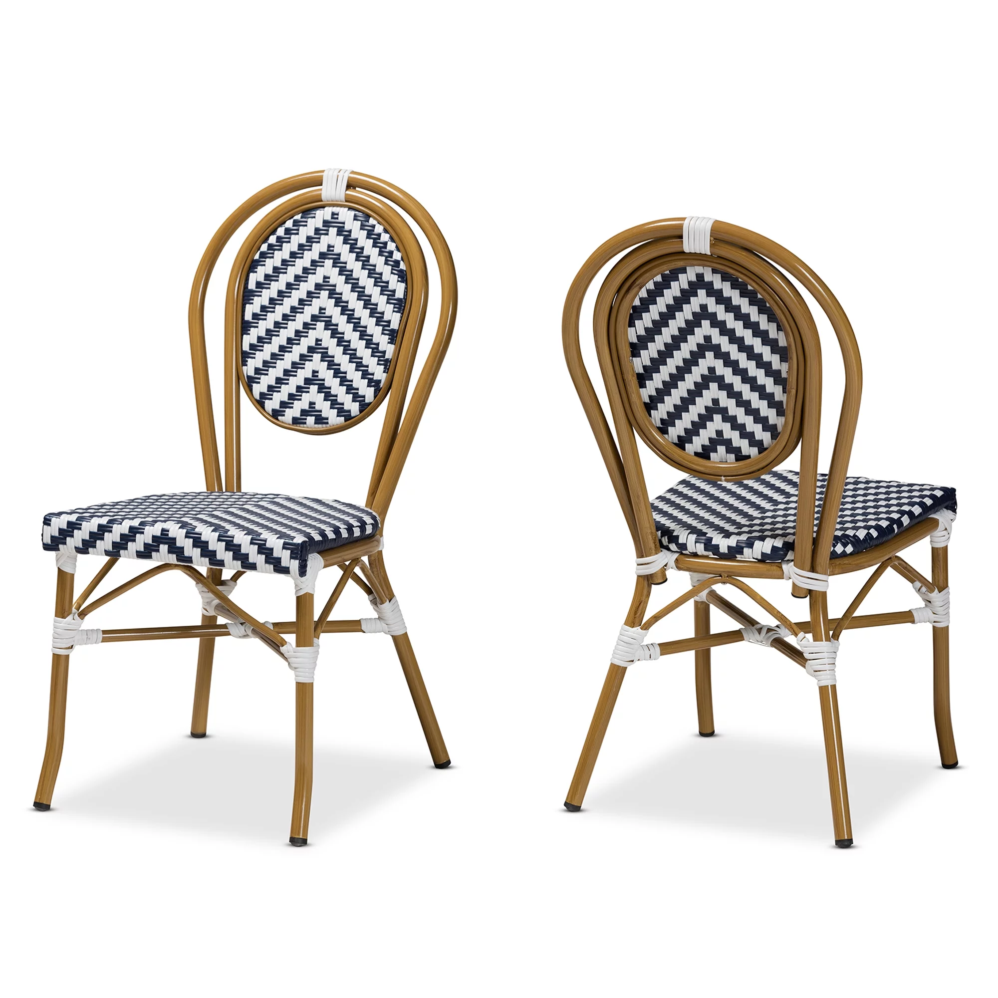 Baxton Studio Alaire Indoor and Outdoor Dining Chair - Wicker - Set of 2 - Stacking - Blue and White