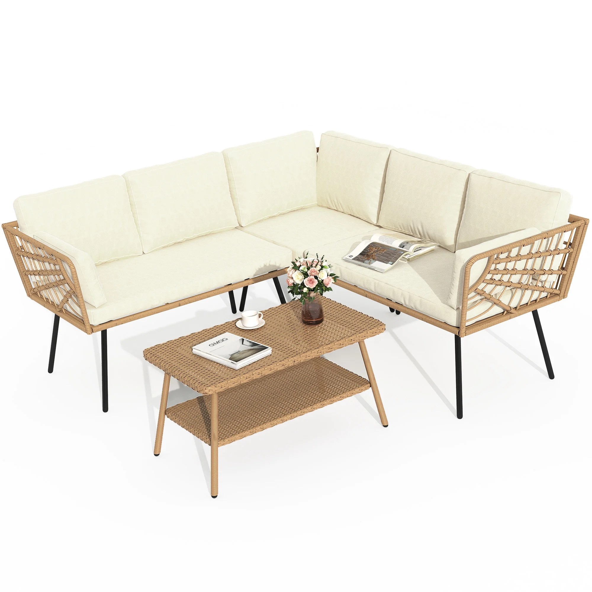 DWVO Patio Wicker Sofa set, Outdoor Boho Sectional Furniture L-Shaped Sofa with Beige Cushions and 2-tier PE Rattan Side Coffee Table - Beige