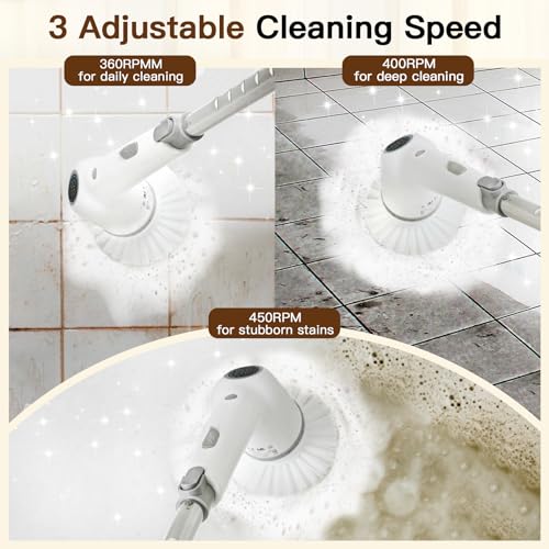 Electric Spin Scrubber: Cordless Shower Scrubber with 8 Replaceable Brush Heads- 3 Adjustable Speeds- Adjustable Extension Handles- Power Cleaning Brush for Bathroom- Floor- Tile