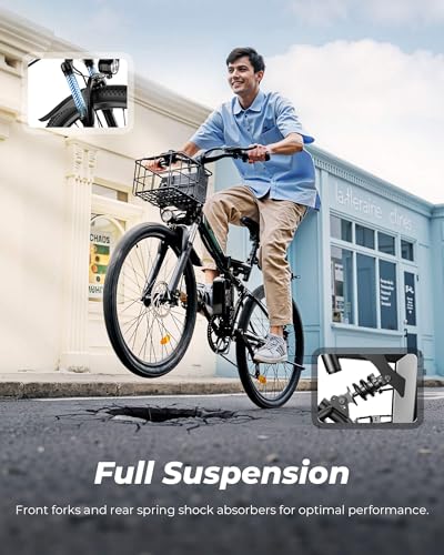 isinwheel M40 Folding Electric Bike for Adults 500W Ebike with Basket, Dual USB Charging Ports, Full Suspension, 7 Speed Gearshift, 20mph Foldable Electric Bicycles, 26