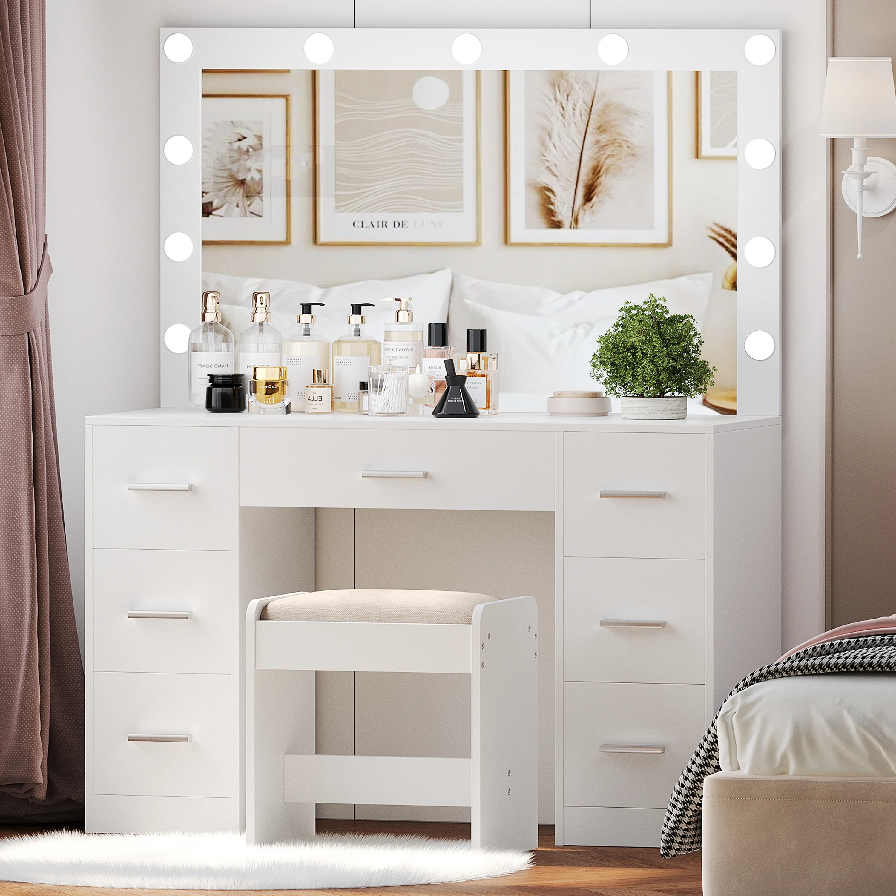 Vanity Desk Set with 3 Color Adjustable Lighted Large Mirror & Cushioned Stool, Bedroom Dressing Table with 7 Drawers