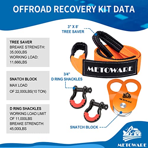 METOWARE Offroad Recovery Kit - 10 Ton Heavy Duty Winch Snatch Block Pulley, 3