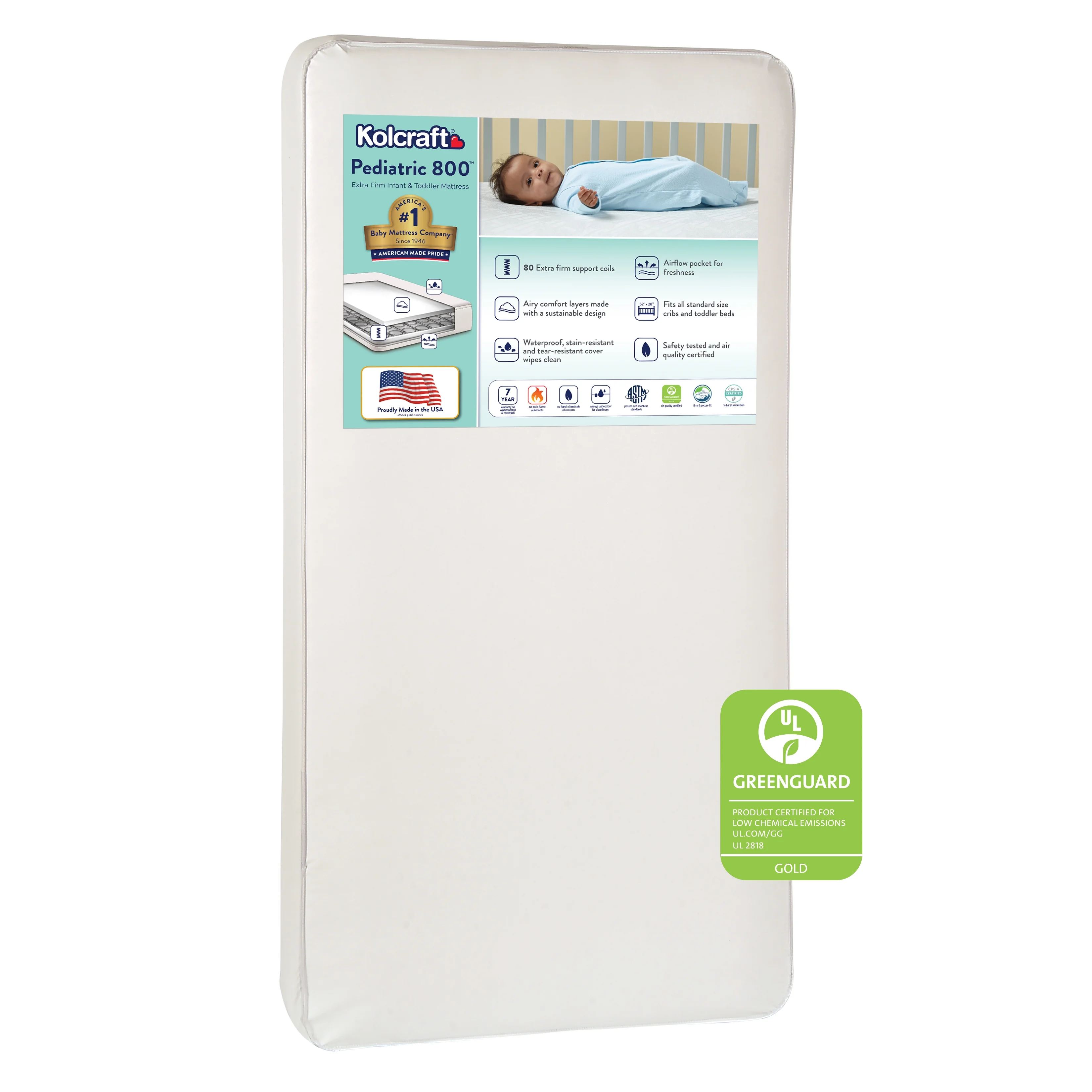 Kolcraft Pediatric 800 Extra Firm Ultra Deluxe, 80 Coil Crib and Toddler Mattress, White