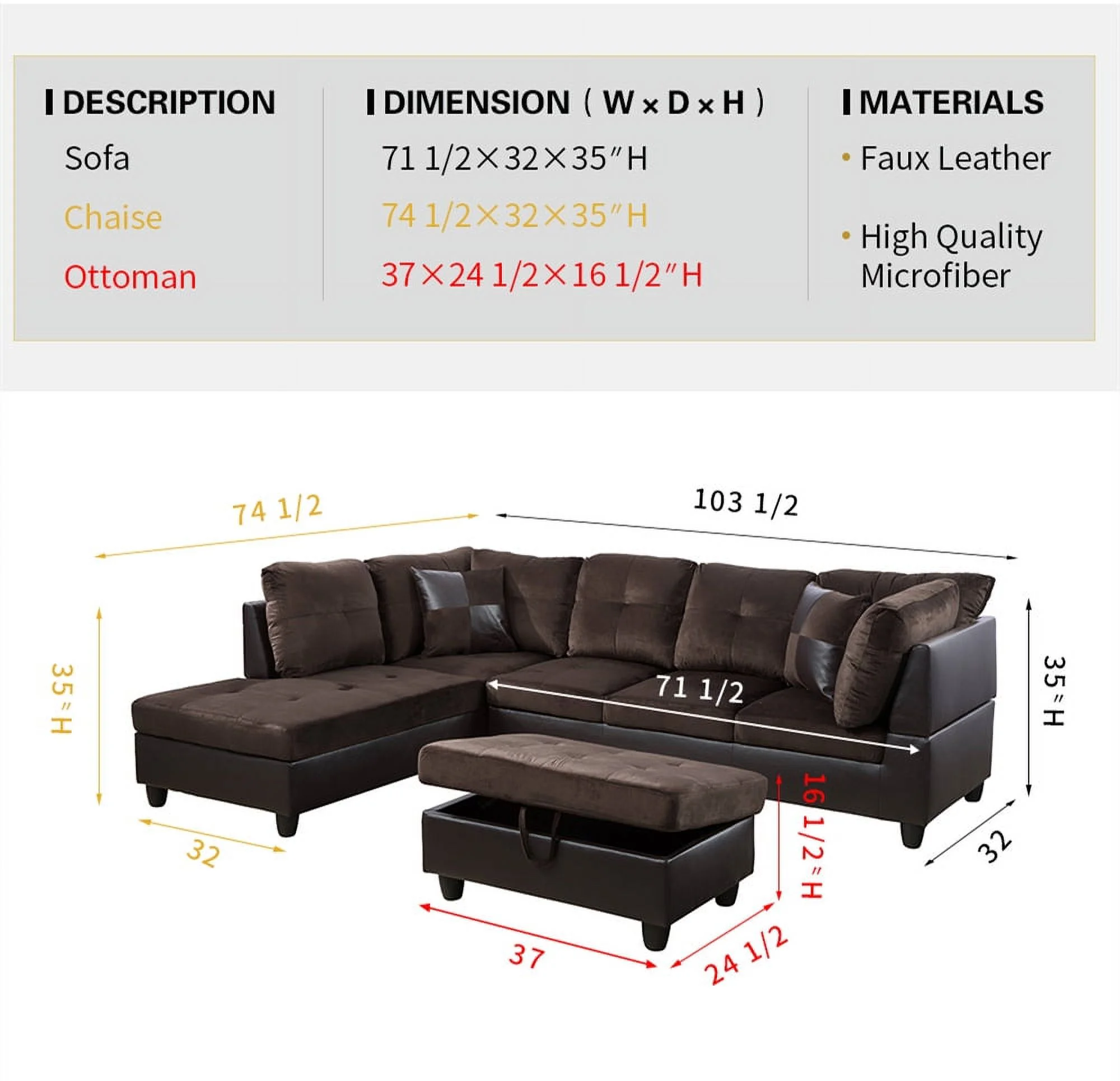 PonLiving Furniture Waverly 103.5'' Right & Left Hand Facing Sectional Sofa with Storage Ottoman, Microfiber & Leather Upholstered