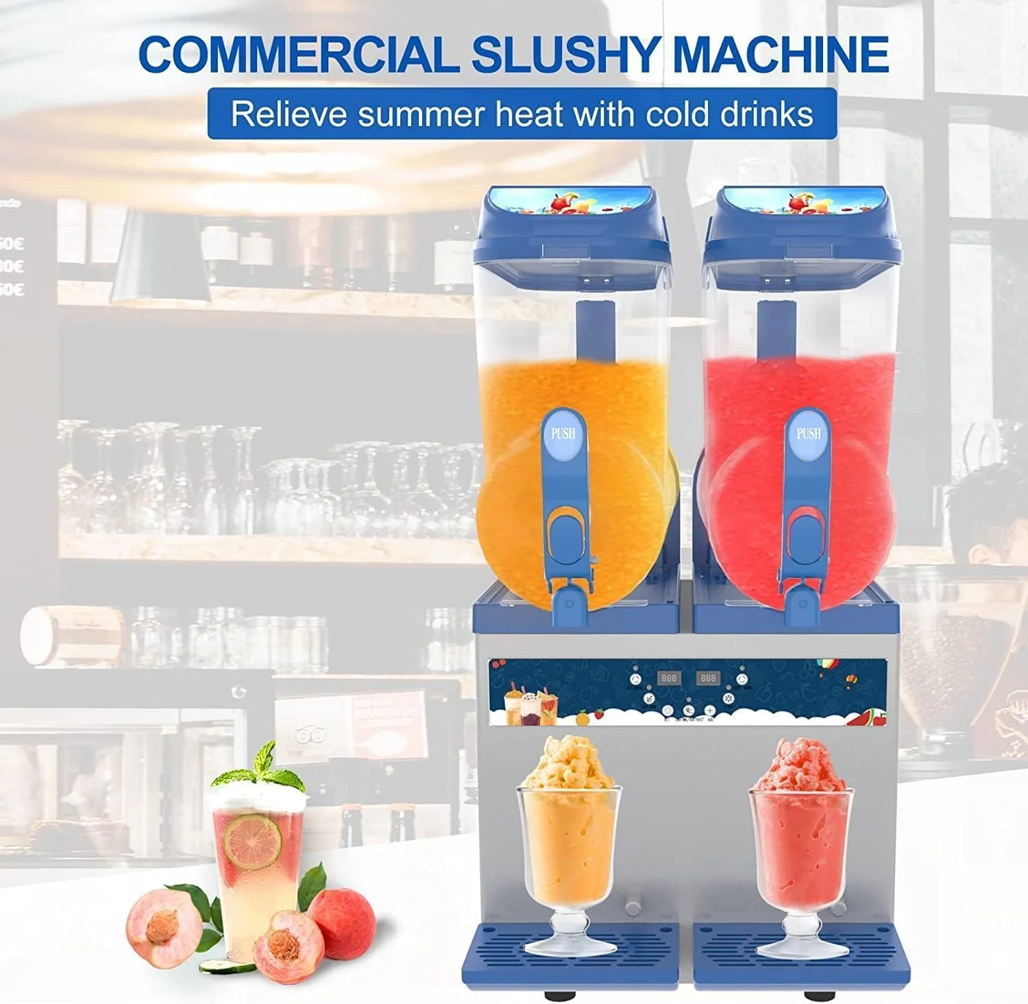 2 Tanks Commercial Slushy Machine, Stainless Steel Margarita Smoothie Frozen Drink Maker for Cocktail Ice Juice Tea Coffee Making, Blue&Sliver