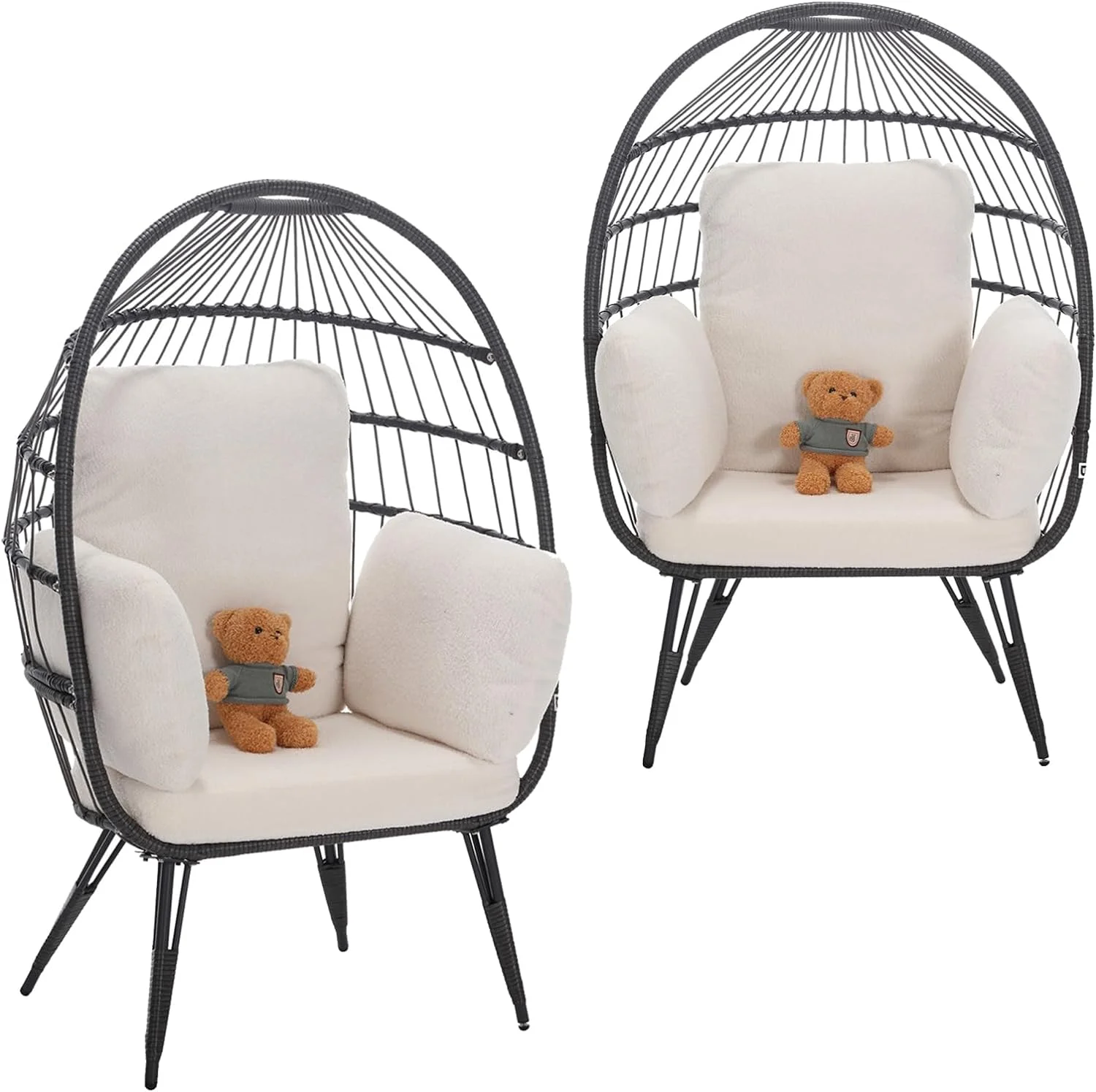 Wicker Egg Chairs Outdoor Set of 2, Oversized Rattan Chairs Indoor with Solid Stand, Comfy Patio Basket Chairs with Soft Cushions, Modern Lounge Chairs with a Cute Toy for Patio, Balcony, White