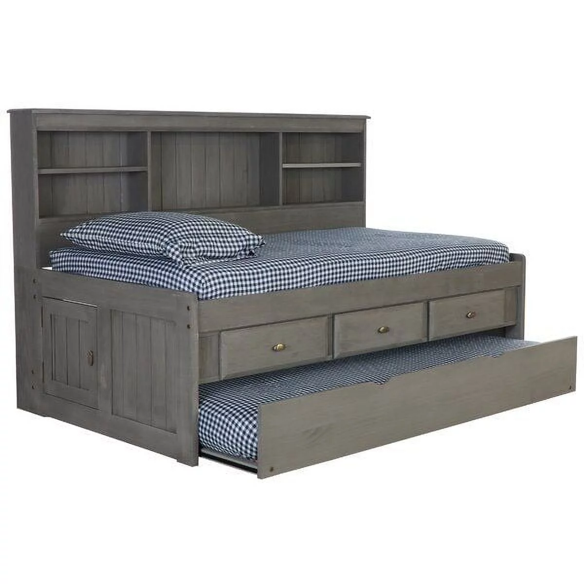 Discovery World Furniture - Twin Size Bed Frame with Headboard Bookcase Captain Day Bed with 3 Drawers & Twin Trundle, Twin Size Bed with Storage & Trundle, Charcoal