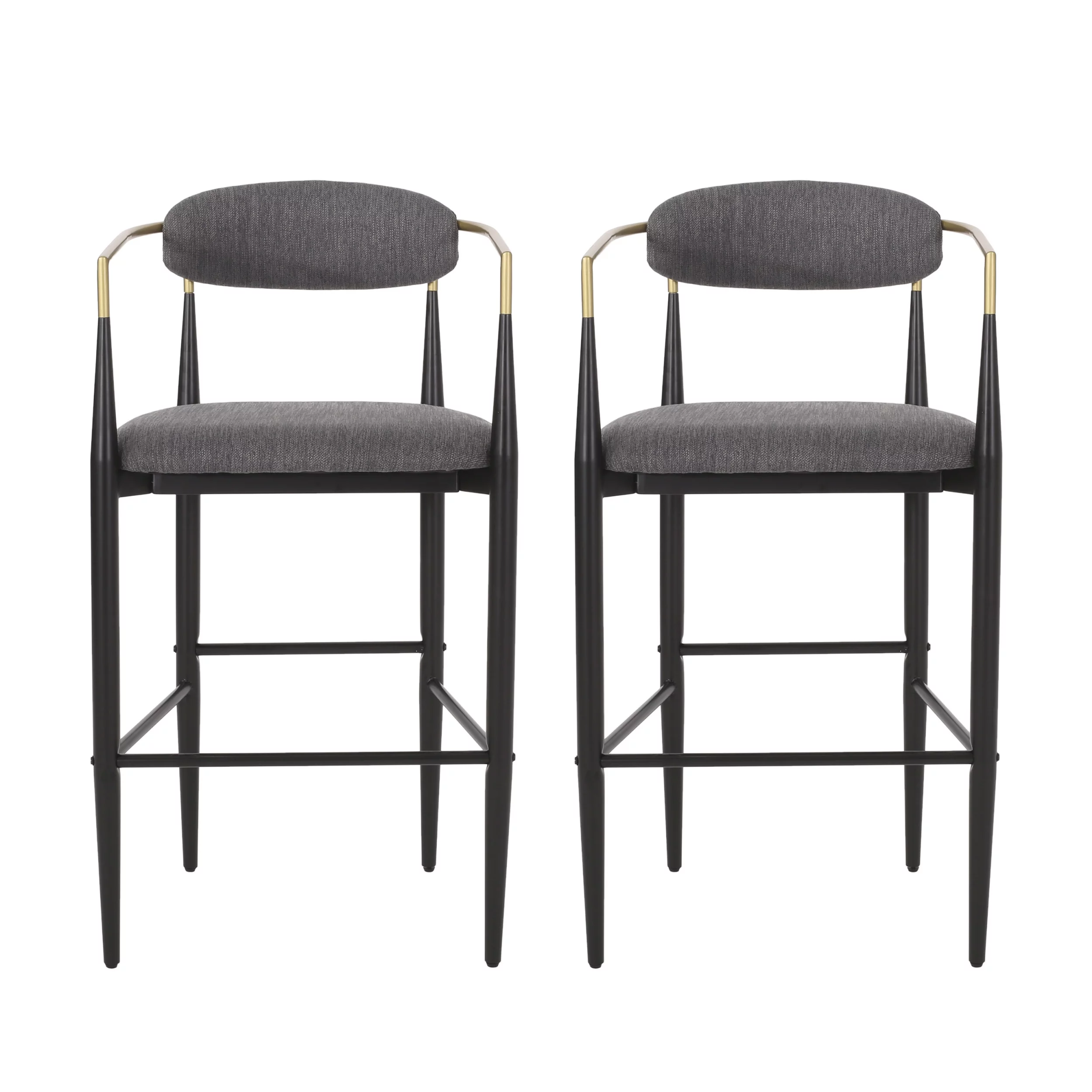 Noble House Boise Fabric and Metal 30 Inch Barstools, Set of 2, Charcoal, Black, and Gold.