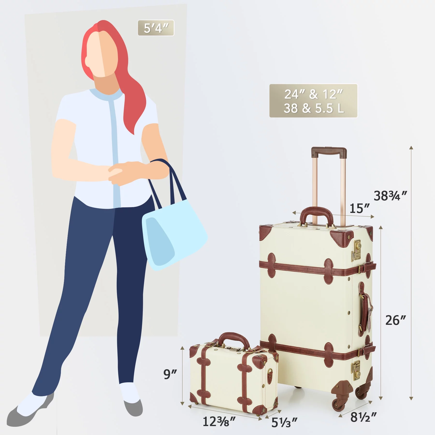 CO-Z Premium PU Vintage Classic Old-Fashioned Beige Trolley Suitcase and Hand Bag Set with TSA Locks Essential Luggage Choice