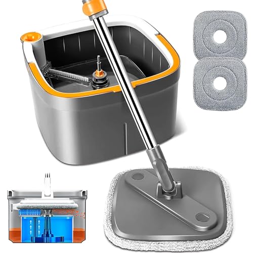KZKR Spin Mop and Bucket Set with 2 Replaceable Microfiber Mop Pads with Self Separation Dirty and Clean Water System, Self Wringing 360° Rotating Square Mop Head for Hardwood Tile Marble Floors