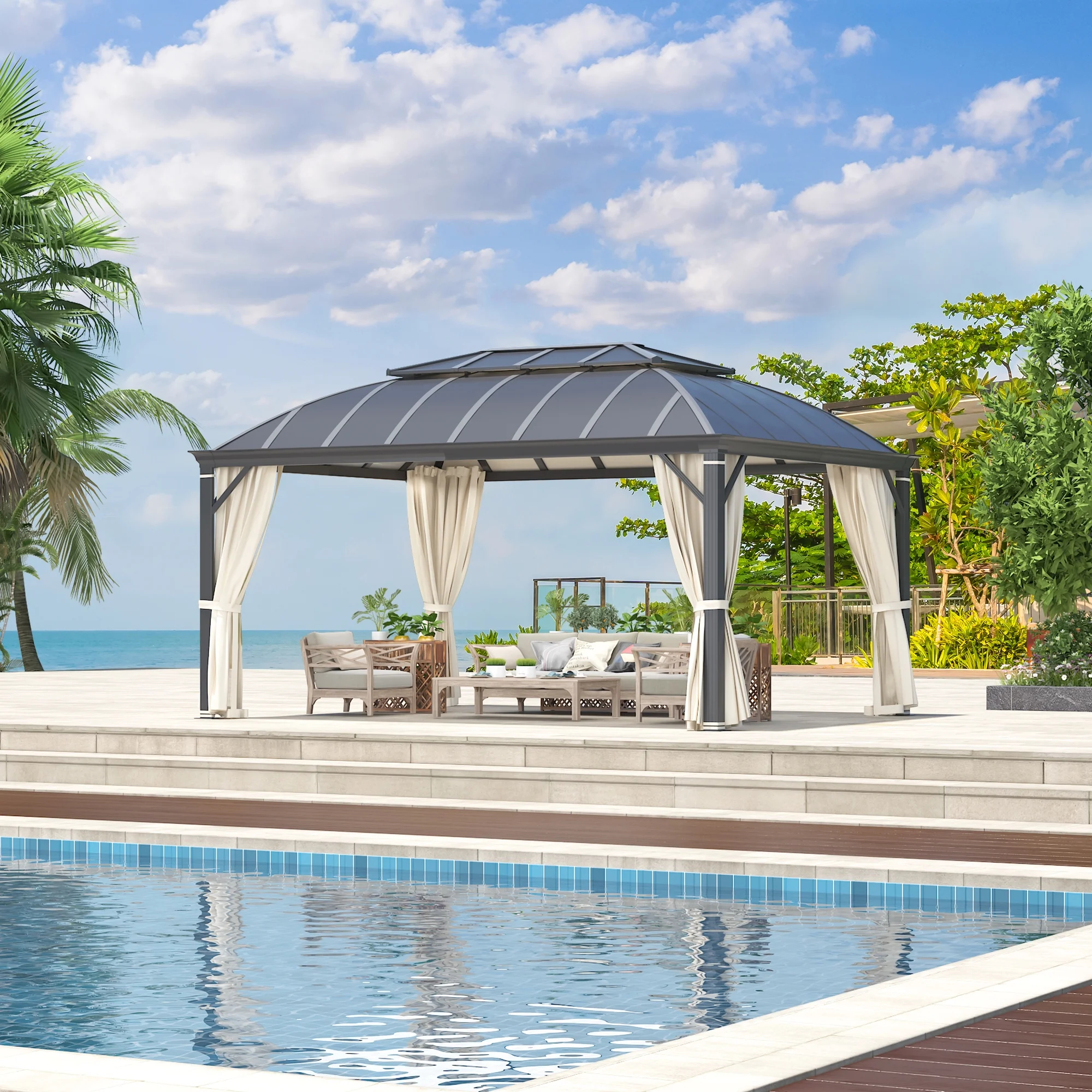 Richryce 12'x16' Hardtop Gazebo, Permanent Outdoor Aluminum Patio Gazebo with Aluminum Composite Double Roof for Patio Lawn and Garden