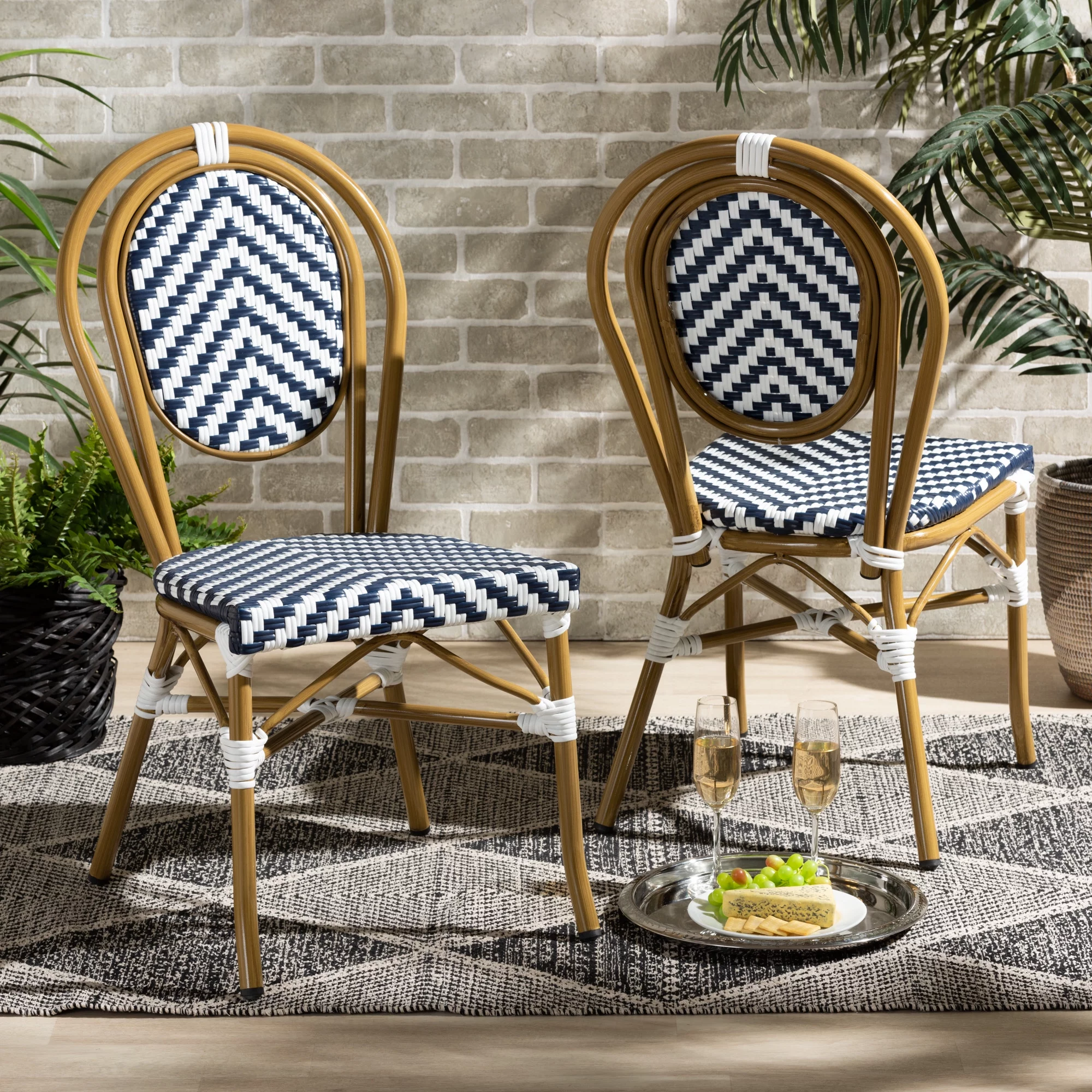 Baxton Studio Alaire Indoor and Outdoor Dining Chair - Wicker - Set of 2 - Stacking - Blue and White