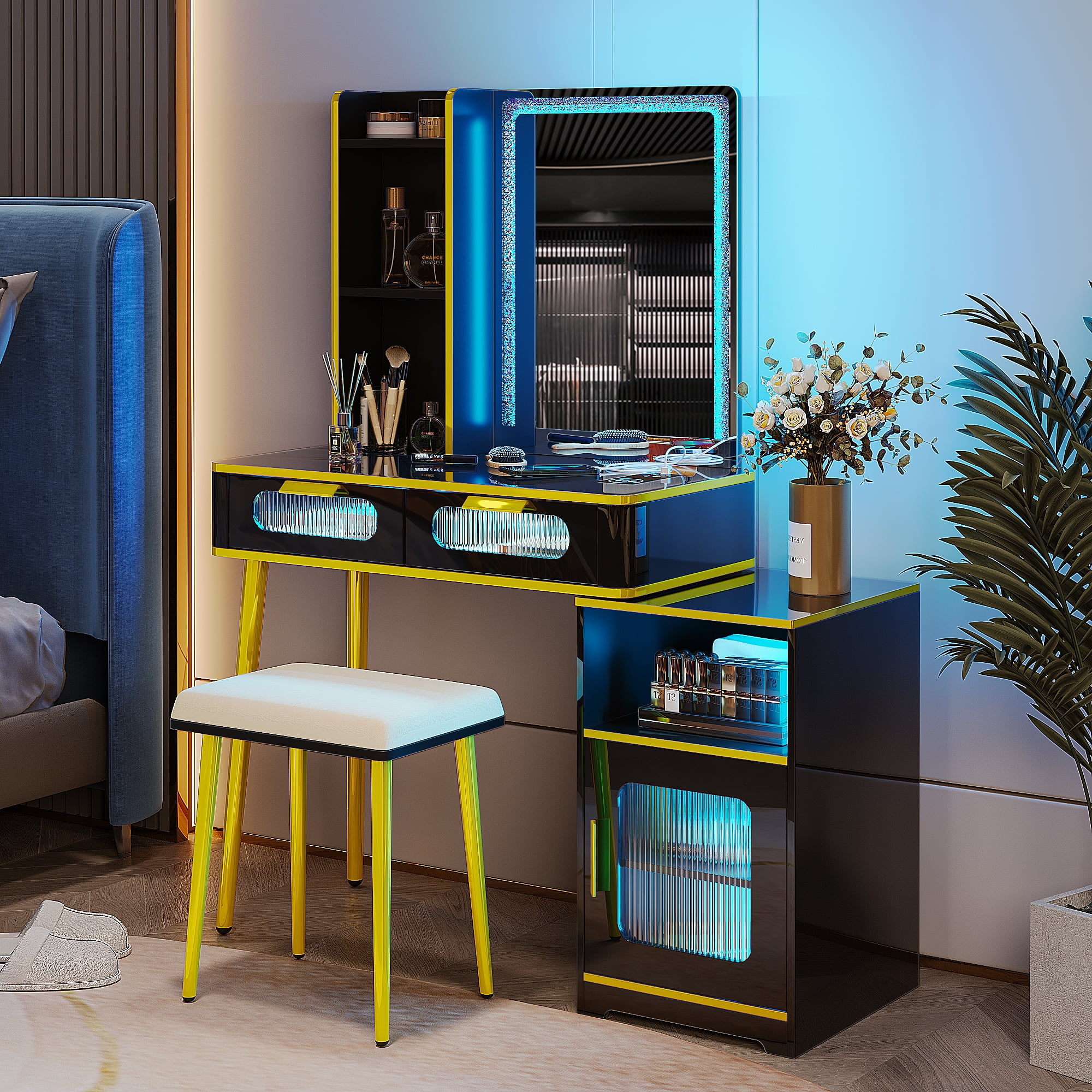 HNEBC Vanity Desk with Mirror and Lights, Vanity Set with Smart Voice Control LED Light, Makeup Vanity Has Wireless/USB/Type-C Charging Station, 2 Drawers, Vanity+Vanity Stool(Black)