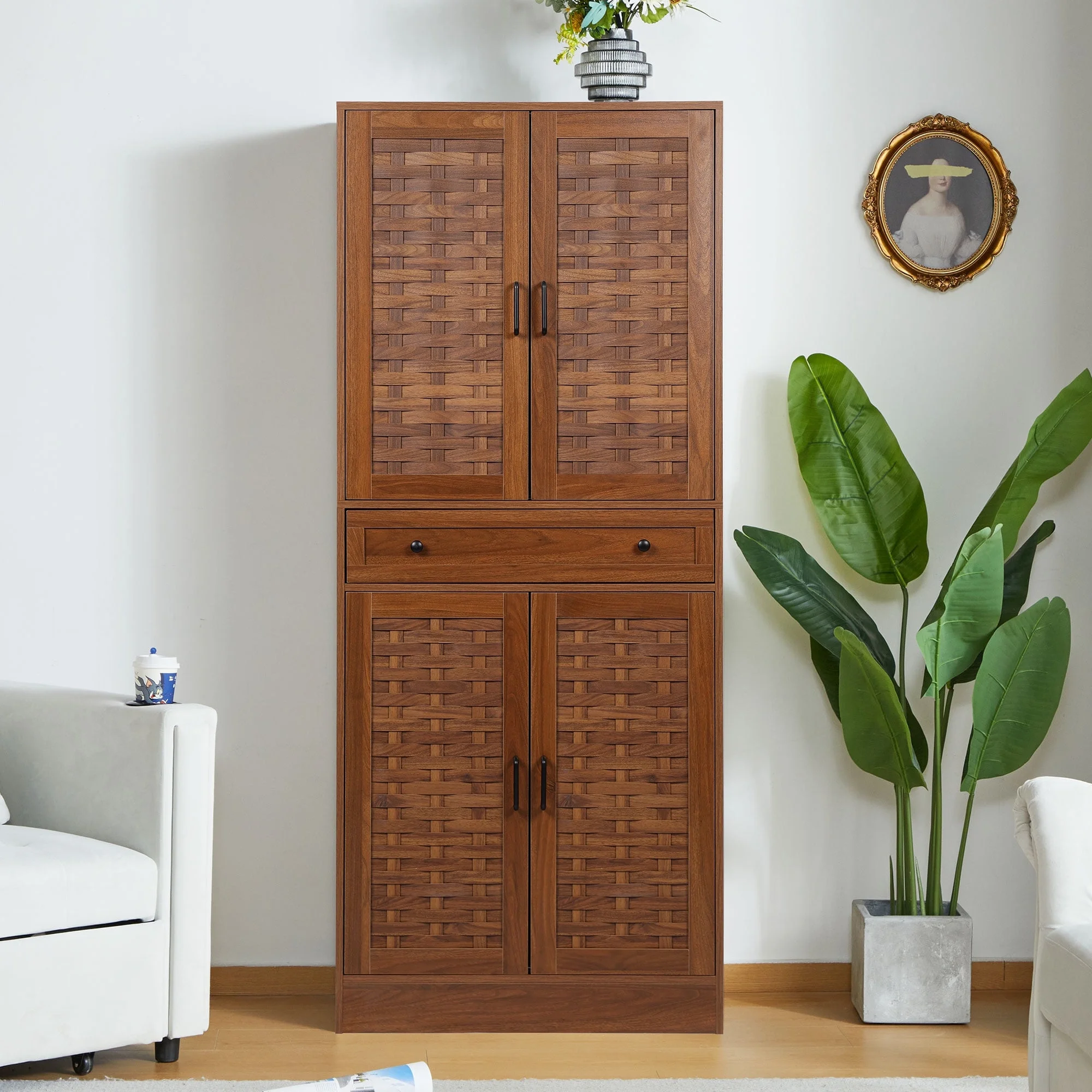 Yocwo Storage Cabinet with 4 Doors and a drawer, Accent Versatile Cabinet for Living Room,Walnut