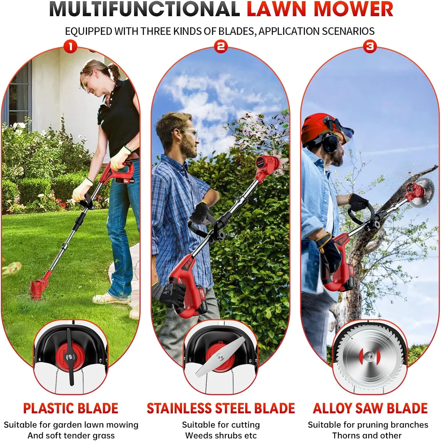 Electric Cordless Weed Eater Battery Powered Weed Wacker with Blades, 3 in 1 Cordless Grass Trimmer Foldable and Lightweight, with 3 Types Blades and 2Pcs Li-Ion Batteries 2Ah