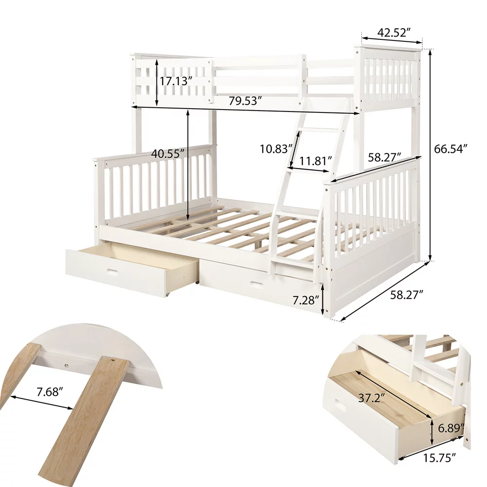 Vanelc Twin Over Full Bunk Bed with Two Storage Drawers, Pine Wood Frame and Ladder with Guard Rails for Teens, Boys, Girls, White