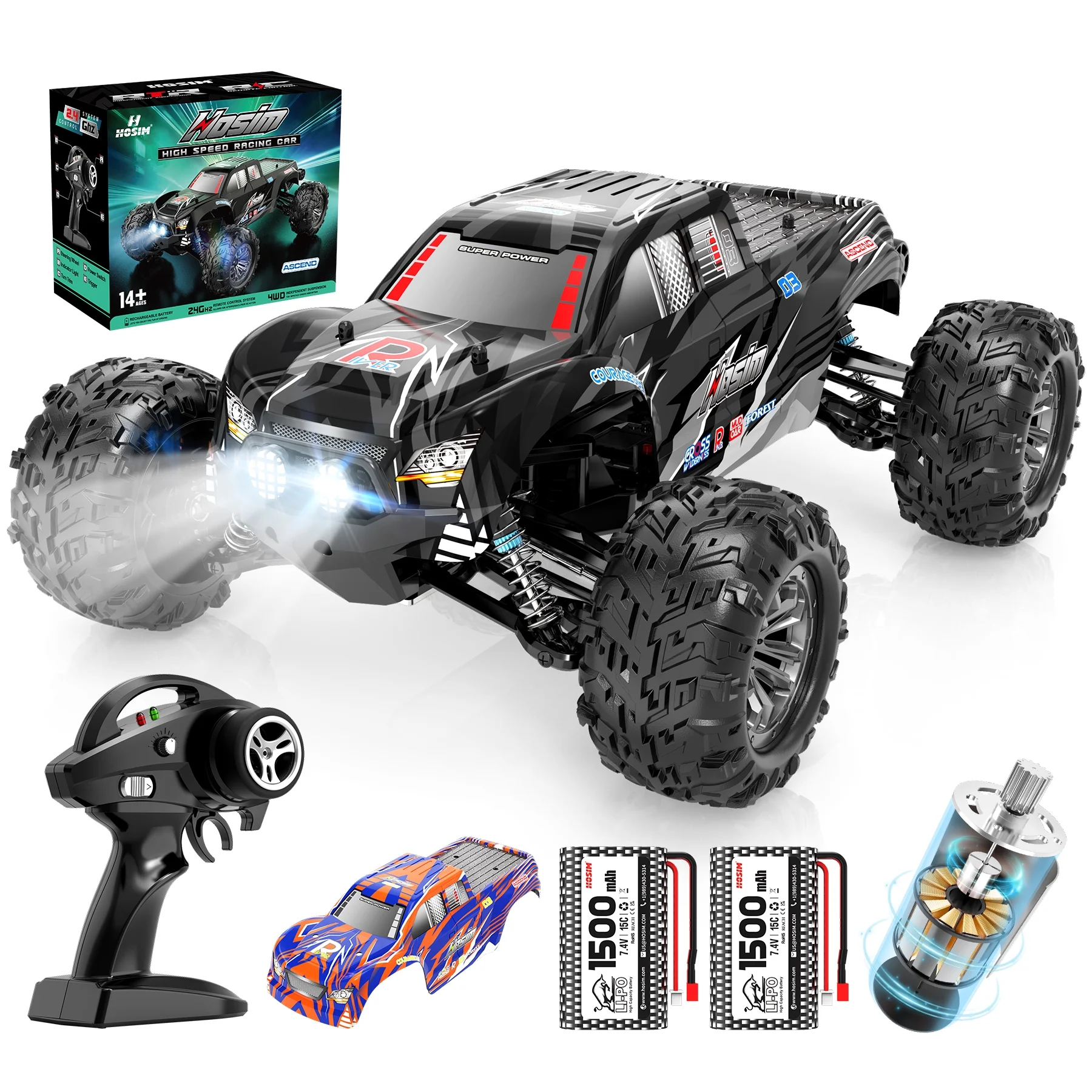 Hosim 1:10 Scale Remote Control Car, High Speed RC Car 48+ KMH,Large Fast Racing Toy Gift RC Monster Trucks for Adults Boys Toys Gift