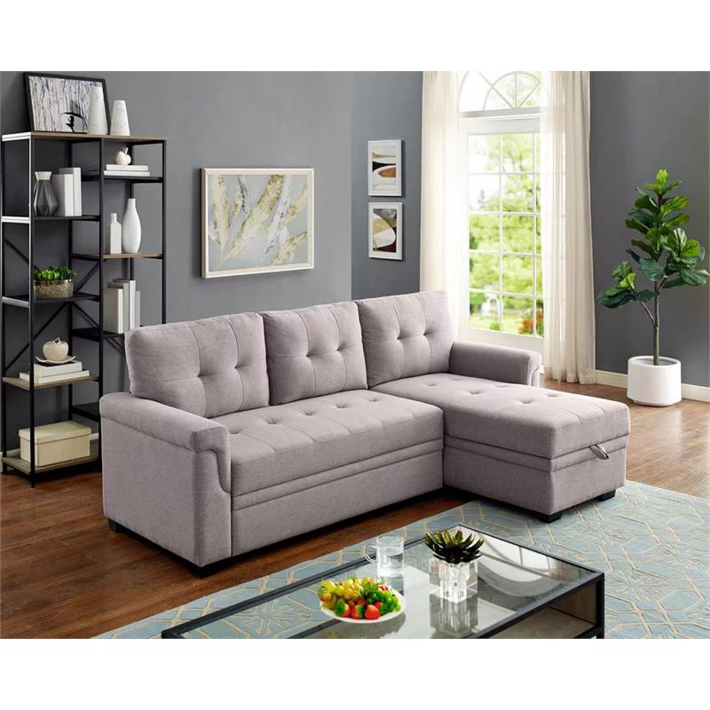 Bowery Hill Fabric Light Gray Linen Reversible/Sectional Sleeper Sofa