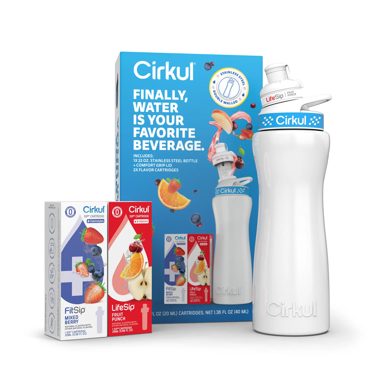 Cirkul 22oz White Stainless Steel Water Bottle Starter Kit with Blue Lid and 2 Flavor Cartridges (Fruit Punch & Mixed Berry)