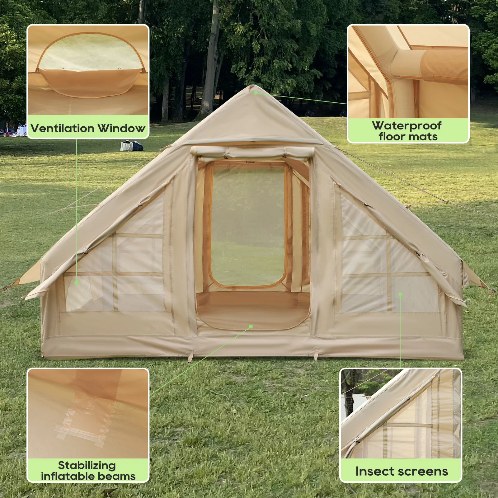 ONLYCTR Inflatable Camping Tent with Pump, Glamping Tents, Easy Setup 4 Season Outdoor Blow Up Tent, Luxury Cabin Tent with Mesh Windows & Doors