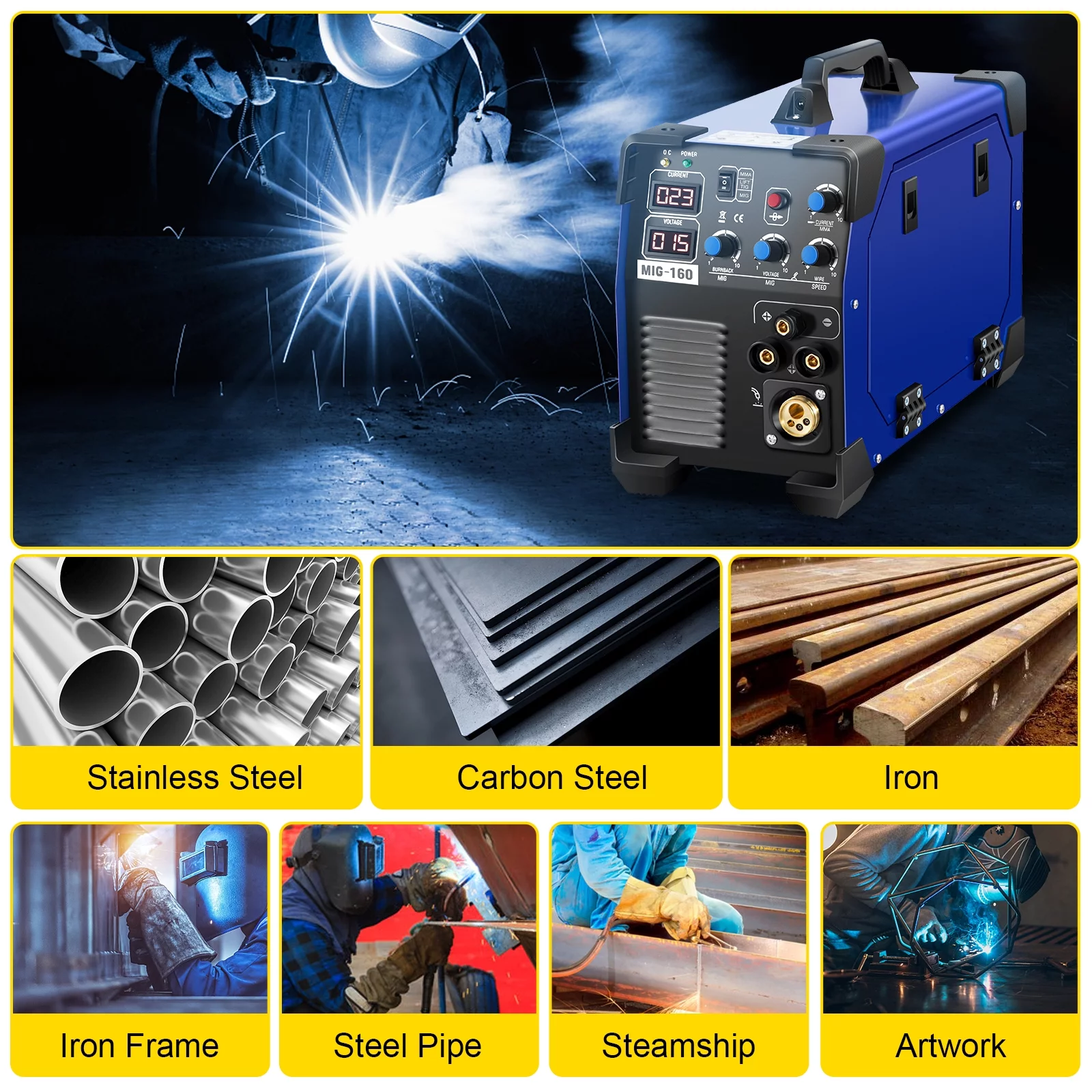 VEVORbrand 160 Amp MIG Welder 3 in 1 Welder MIG TIG Arc Welder 110V/220V DC Welding Machine, Combo Welding Machine Inverter Welder Digital Display