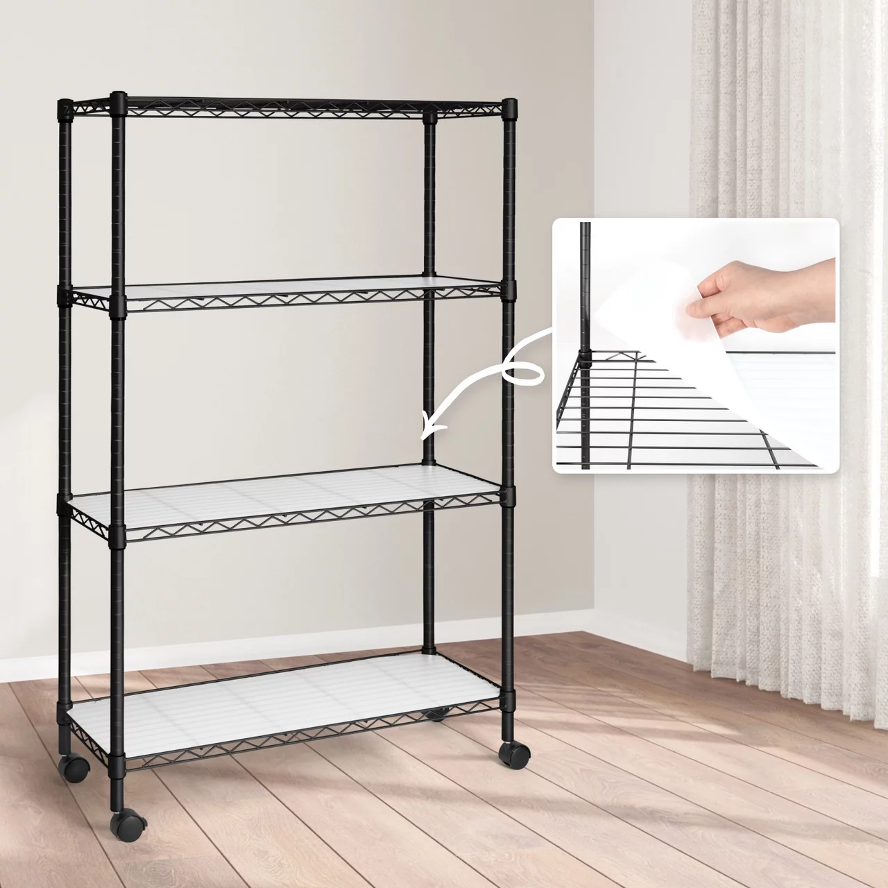 CAPHAUS NSF Adjustable Shelves Metal Wire Shelving Unit w/ Liners, Kitchen Storage Shelving, Metal Steel Storage Shelving, Garage Shelving Storage Organizer, Utility Shelf, 4-Tier W/ Wheels, Black