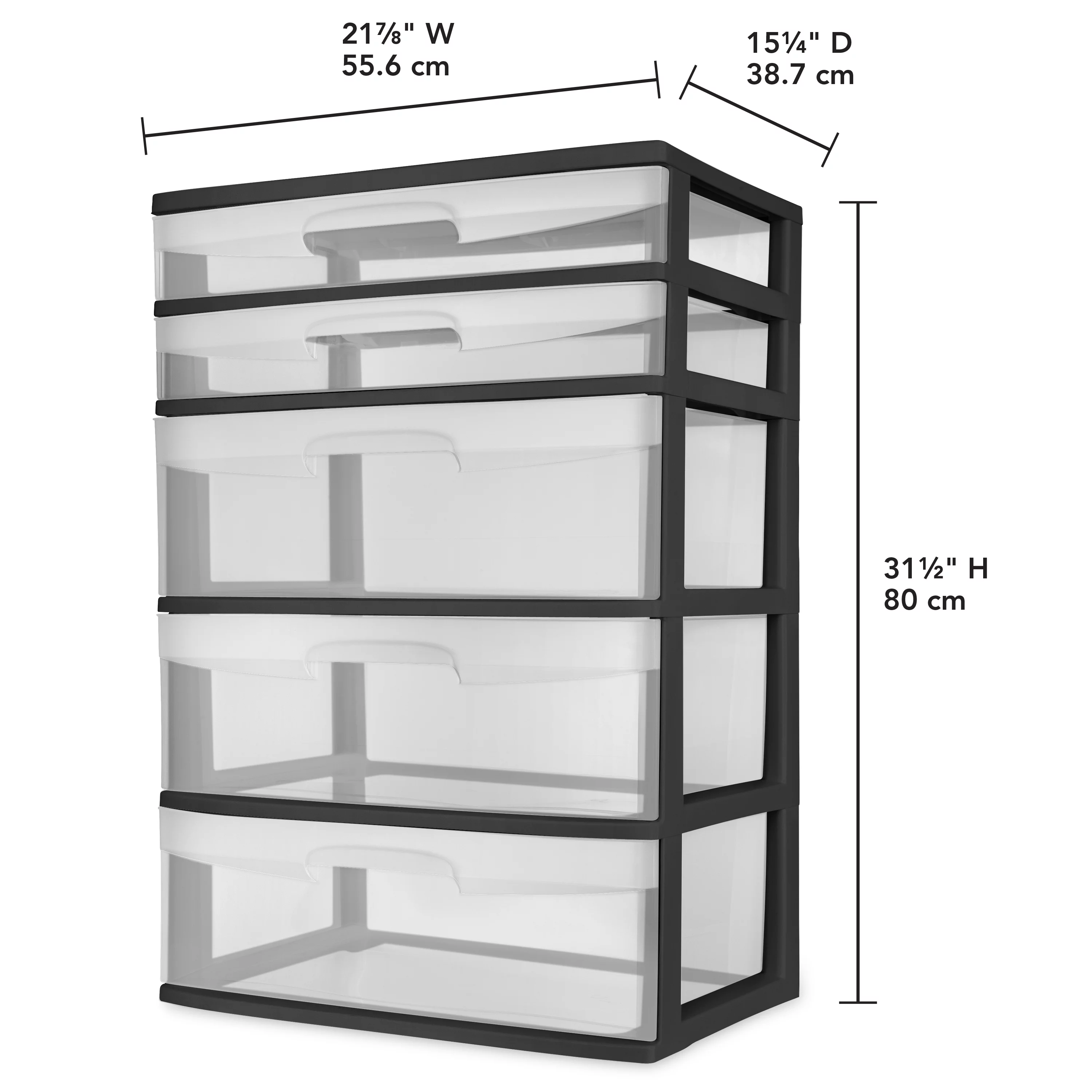 Sterilite Plastic 5 Drawer Wide Tower Black