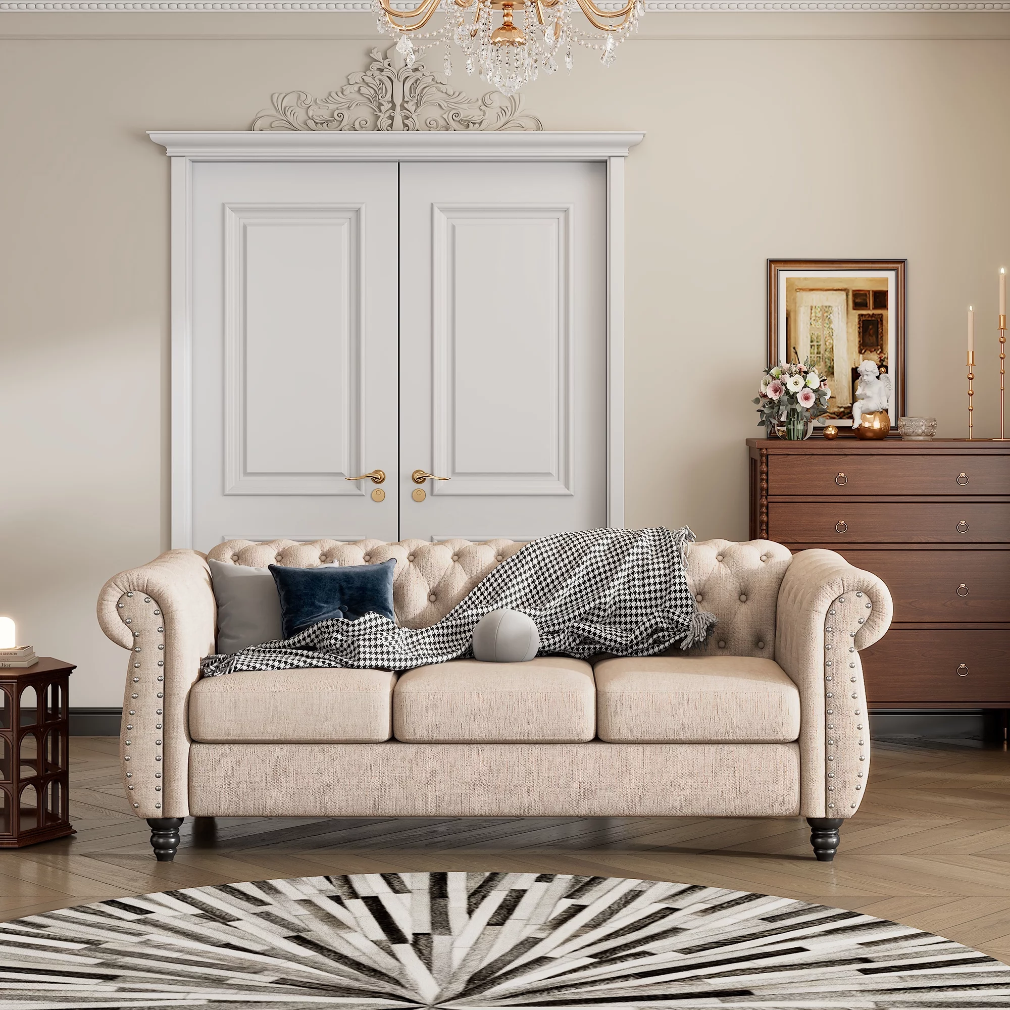 Classic 3 Seater Button Tufted Sofa, Upholstered Couch with Nailhead Rolled Arms Removable Cushions for Living Room Office Bedroom