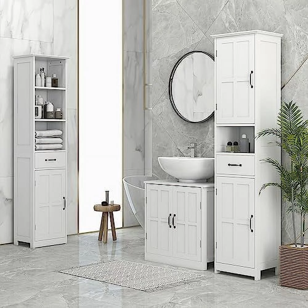 pedestal sink storage cabinet, under sink cabinet, bathroom vanity cabinet with double doors and adjustable shelf, white