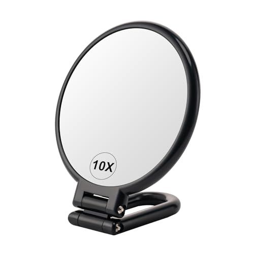 BOOMIBOO 1X/10X Magnifying Handheld Mirror Double Sided, Foldable Travel Makeup Mirror, Adjustable Rotation Pedestal Hand/Hanging/Desk Vanity Mirror-Black