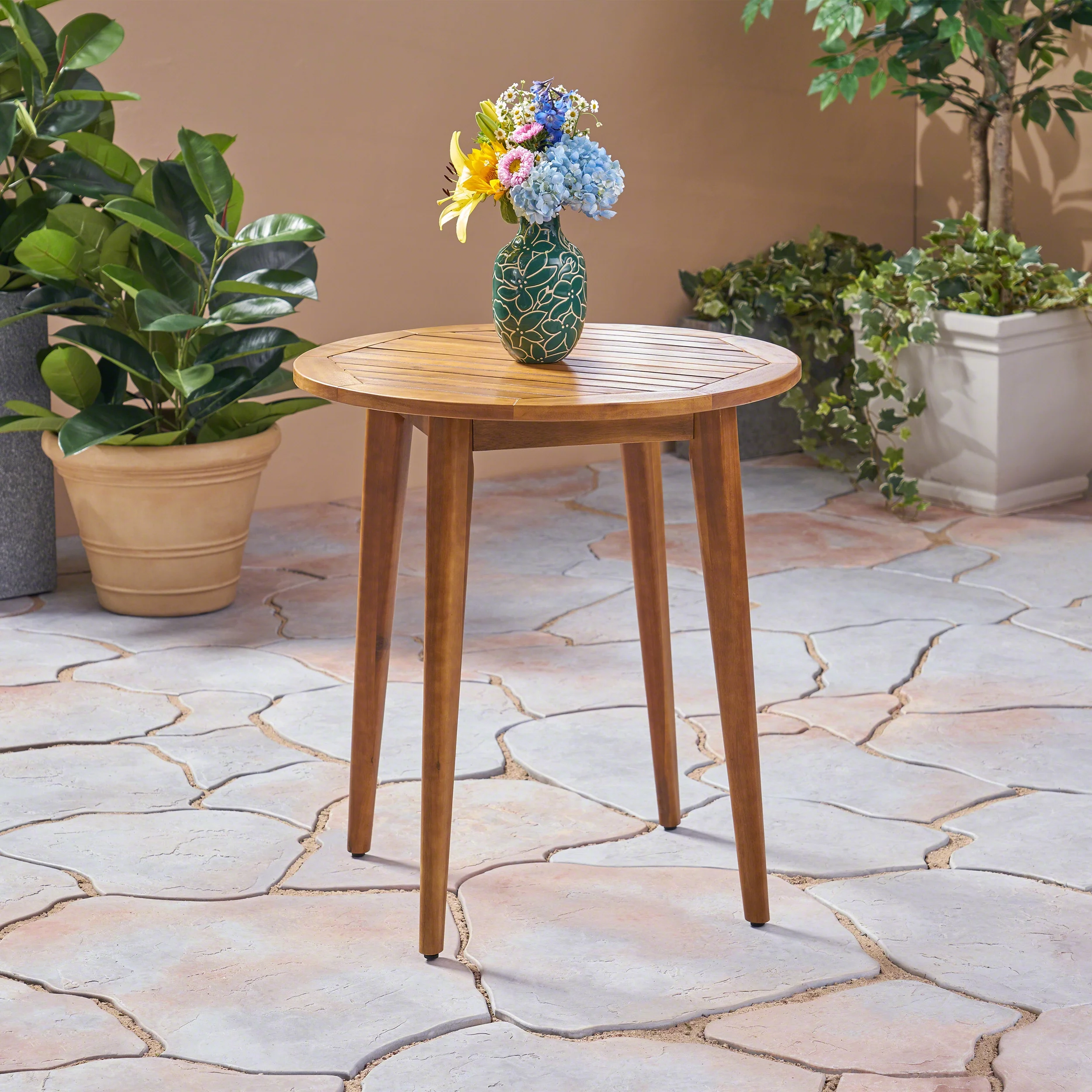 Jaxson Outdoor Acacia Wood Round Bistro Table with Straight Legs, Teak