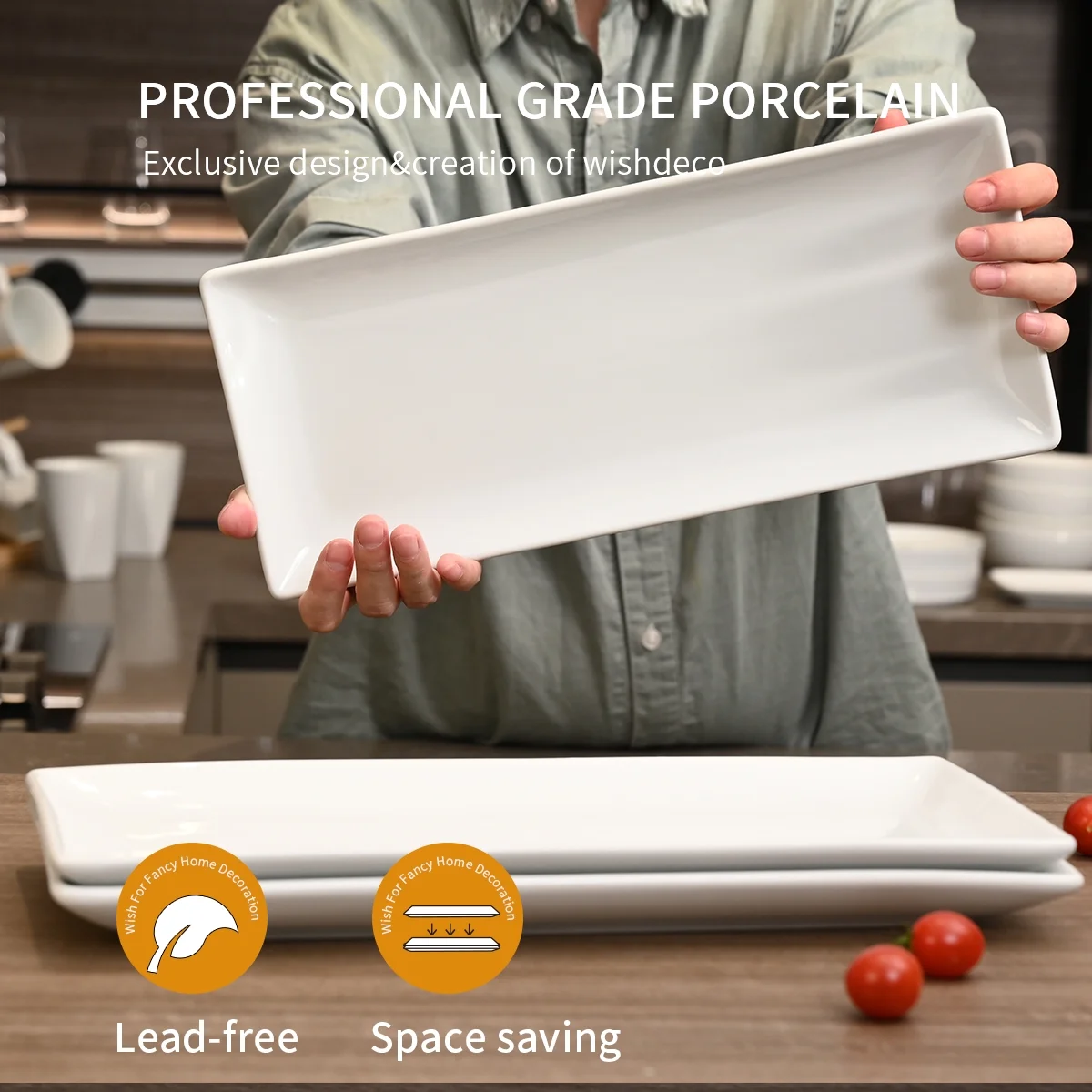 WishDeco Serving Platters Set of 3, Large White Porcelain Rectangular Plates, 14 inch