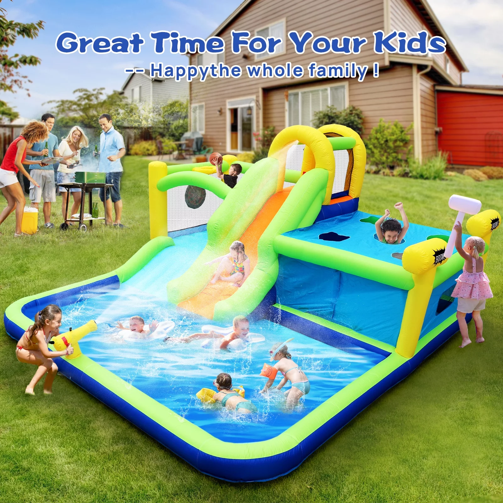 7 in1 Inflatable slide water park bouncing house outdoor garden bouncer with Whack a mole games & Splash pool & Target games & Water gun & Climbing wall & Basketball